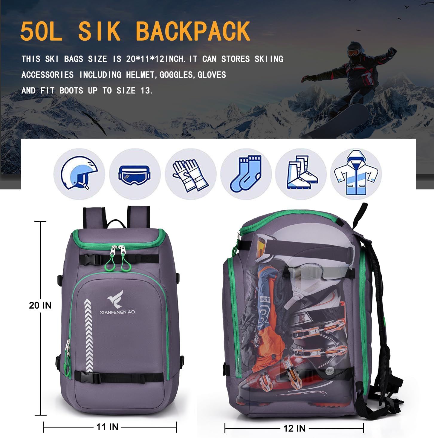 Waterproof 50L Ski Boot Backpack for Men & Women - Carry Ski Boots, Snowboard Boots, Helmet, Goggles & Accessories | Ideal for Skiing, Snowboarding & Winter Travel