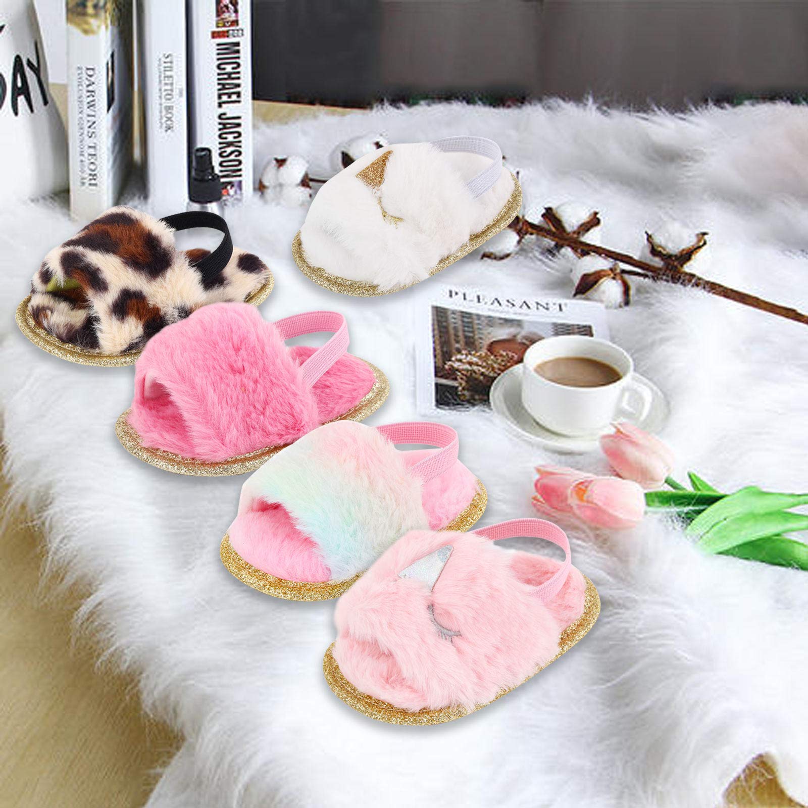 2 Pack Baby Girls Sandals - Soft Elastic Back Strap Flats with Faux Fur - First Walker Slippers for Toddlers - Perfect for Indoor Play, Princess Dress Up & Comfortable House Shoes