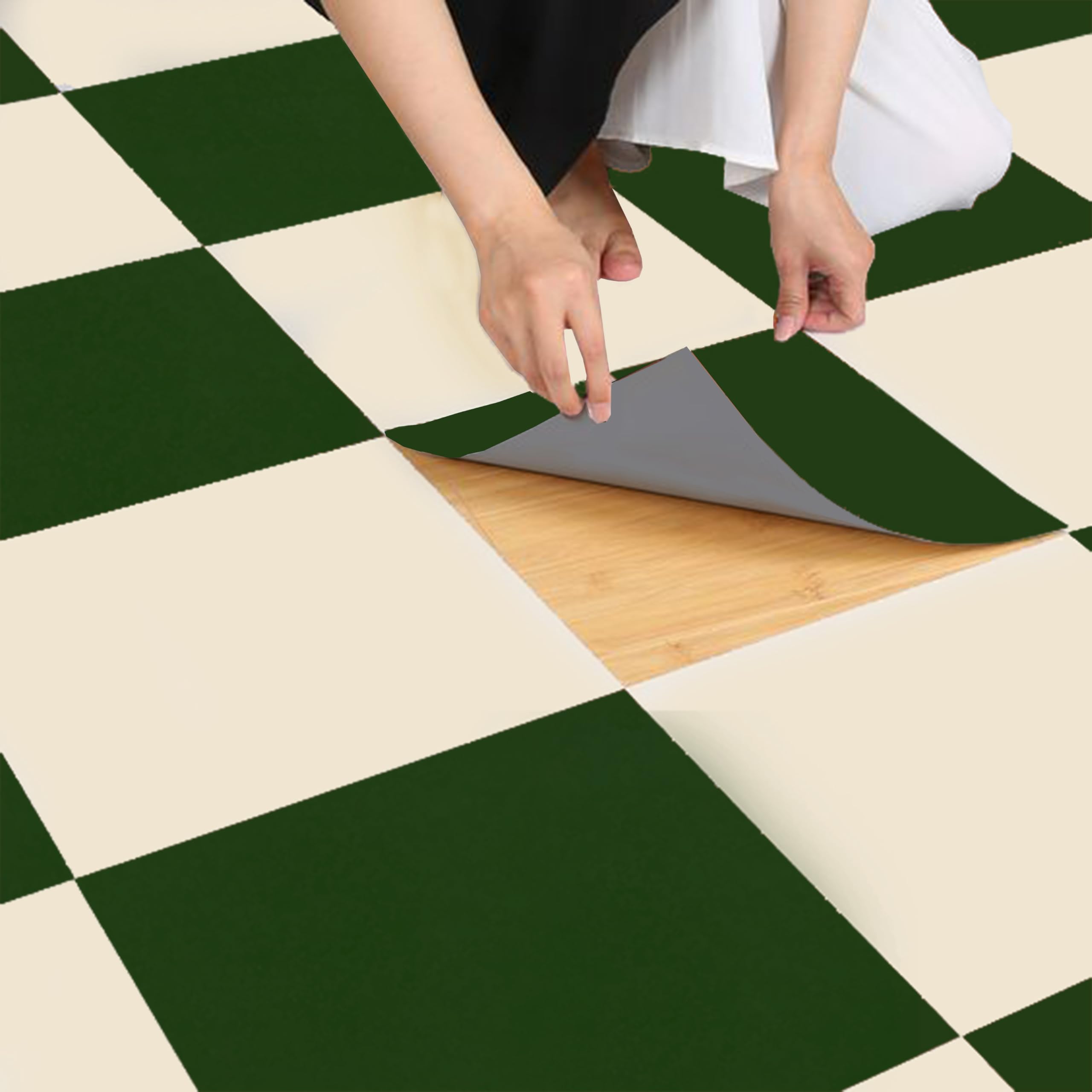 Bleucoin Moss Green and White Anti-Slip Peel and Stick Floor Tiles - Waterproof Removable Vinyl Flooring for Bathroom, Kitchen, Laundry Room - 12.5