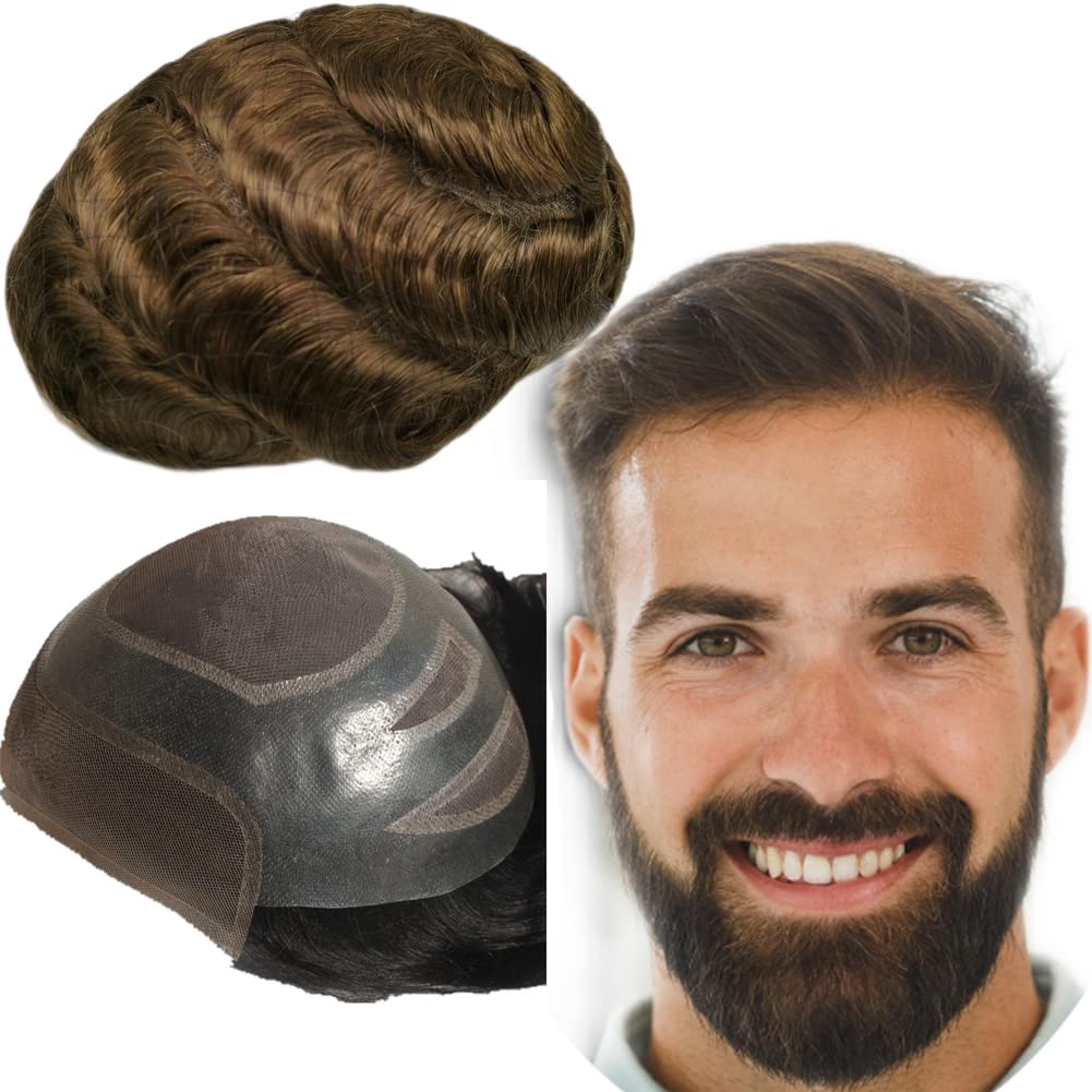 Yanahair Men's Toupee - 100% European Real Human Hair Wavy Lace Hair System with Fine French Lace Front & PU Top (8x10 Inch, #4 Light Brown) | Natural Looking Hair Replacement for Thinning Hair & Baldness | Perfect for Daily Wear, Special Occasions & Confidence Boost