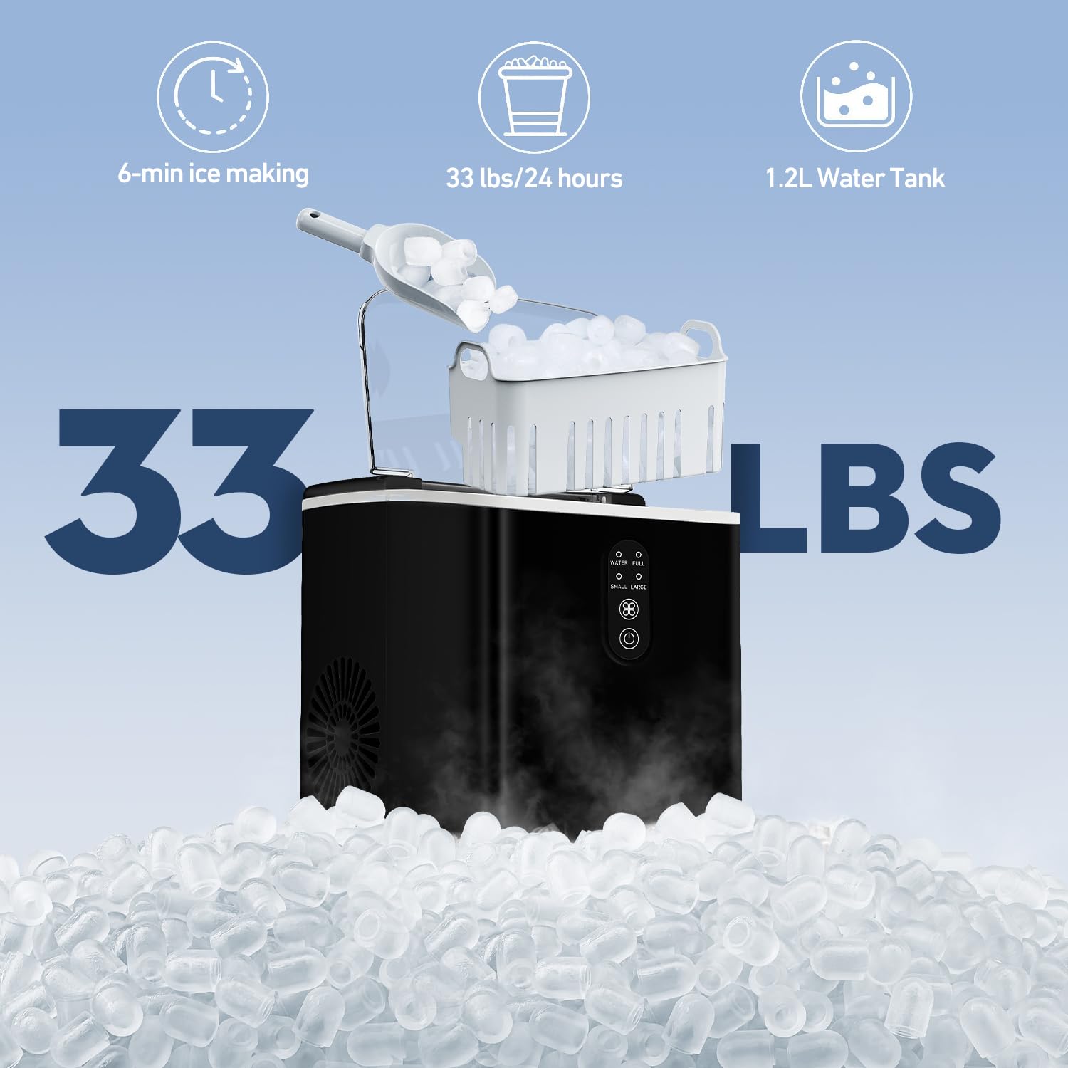 Portable Countertop Ice Maker Machine - 33lbs/24Hrs, 2 Sizes Bullet Ice Cubes with Ice Scoop & Basket - Makes 9 Ice Cubes in 6 Minutes - Perfect for Home, Office, RV, and Parties