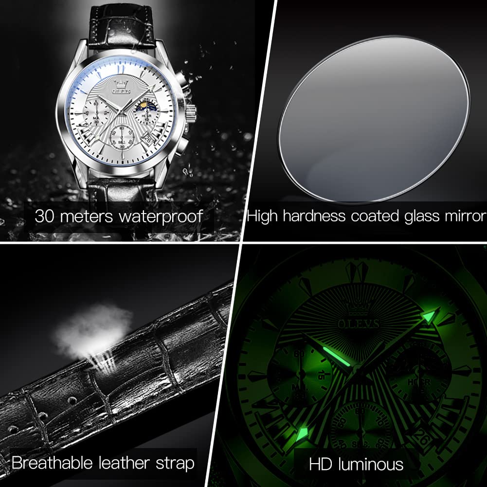 OLEVS Men's Chronograph Analog Quartz Watch - Waterproof, Luminous, Fashion Casual Dress Watch with Leather Strap - Black/Brown/White/Blue Dial Options (White Dial + Silver Case) - Perfect for Office, Business, Dating & Everyday Wear