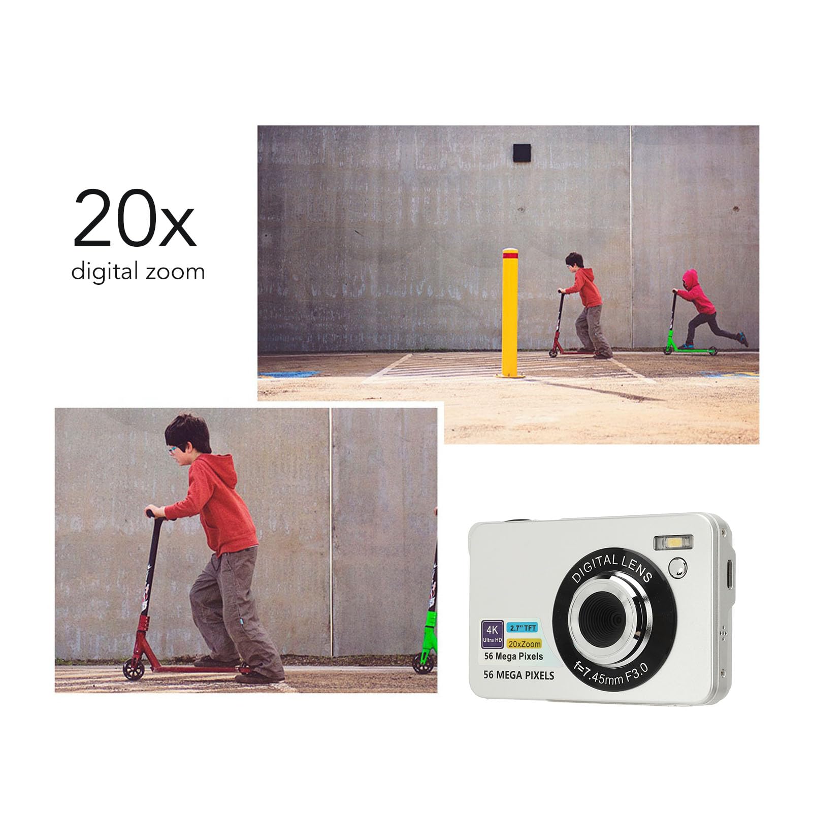 4K 56MP Digital Camera with 20X Zoom & Autofocus - Compact HD Vlogging Camera for Travel, Photography - Perfect for Teens, Boys & Girls (Silver) - Capture Adventures, Family Moments & Social Media Content