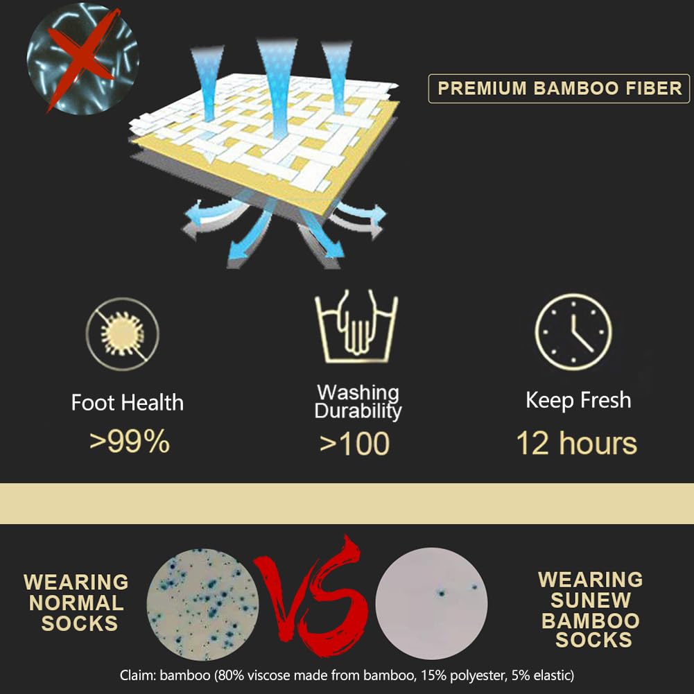 Sunew Bamboo Viscose Socks for Men & Women - 6 Pairs Soft Cushioned Crew Socks for Workout, Hiking, Running & Outdoor Activities | Breathable Moisture-Wicking Comfort Socks