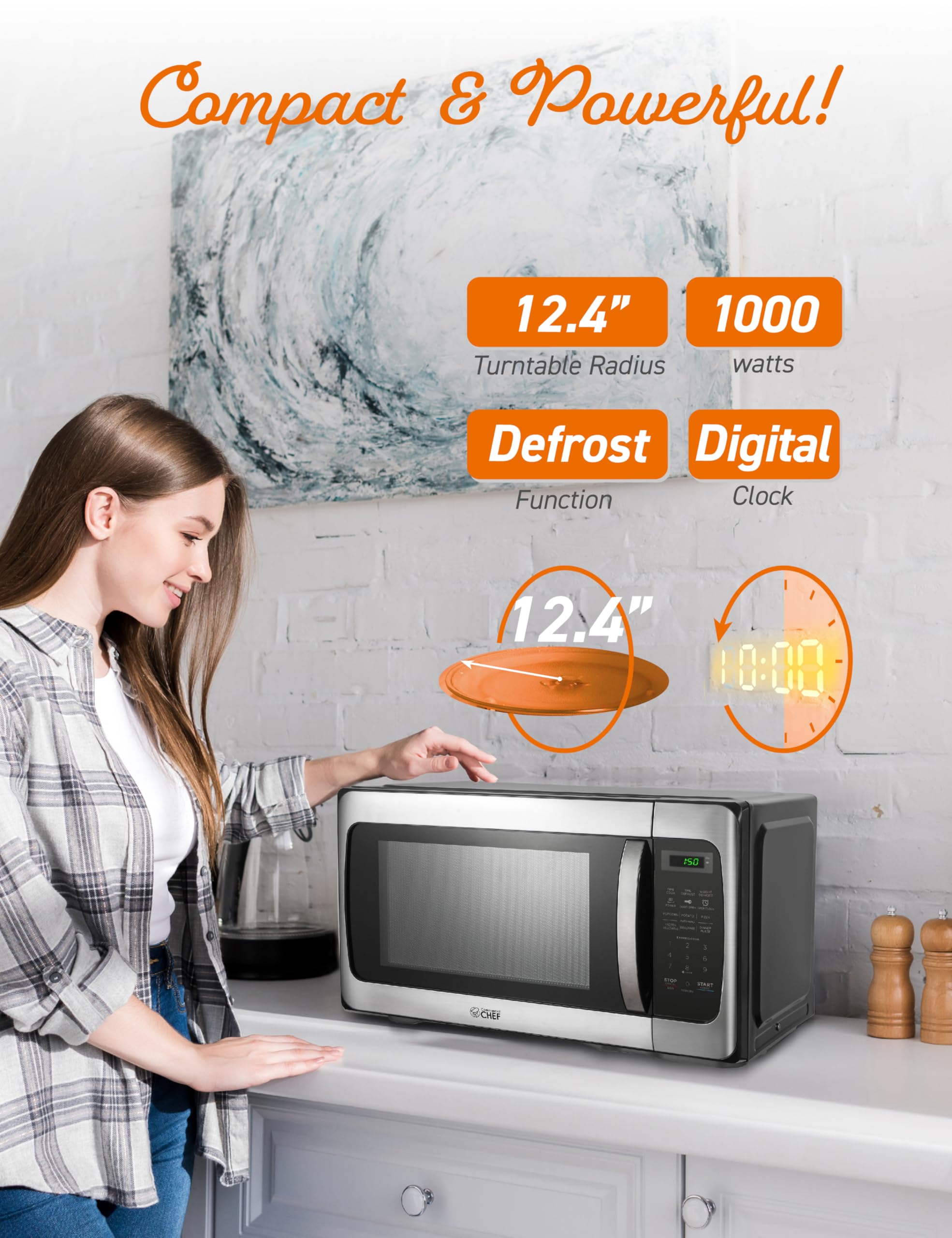 Commercial Chef 1.1 Cu Ft 1000W Countertop Microwave - 10 Power Levels, Push Button Door Lock, Digital Controls & Turntable - Stainless Steel - Perfect for Home Kitchens, Offices & Dorm Rooms