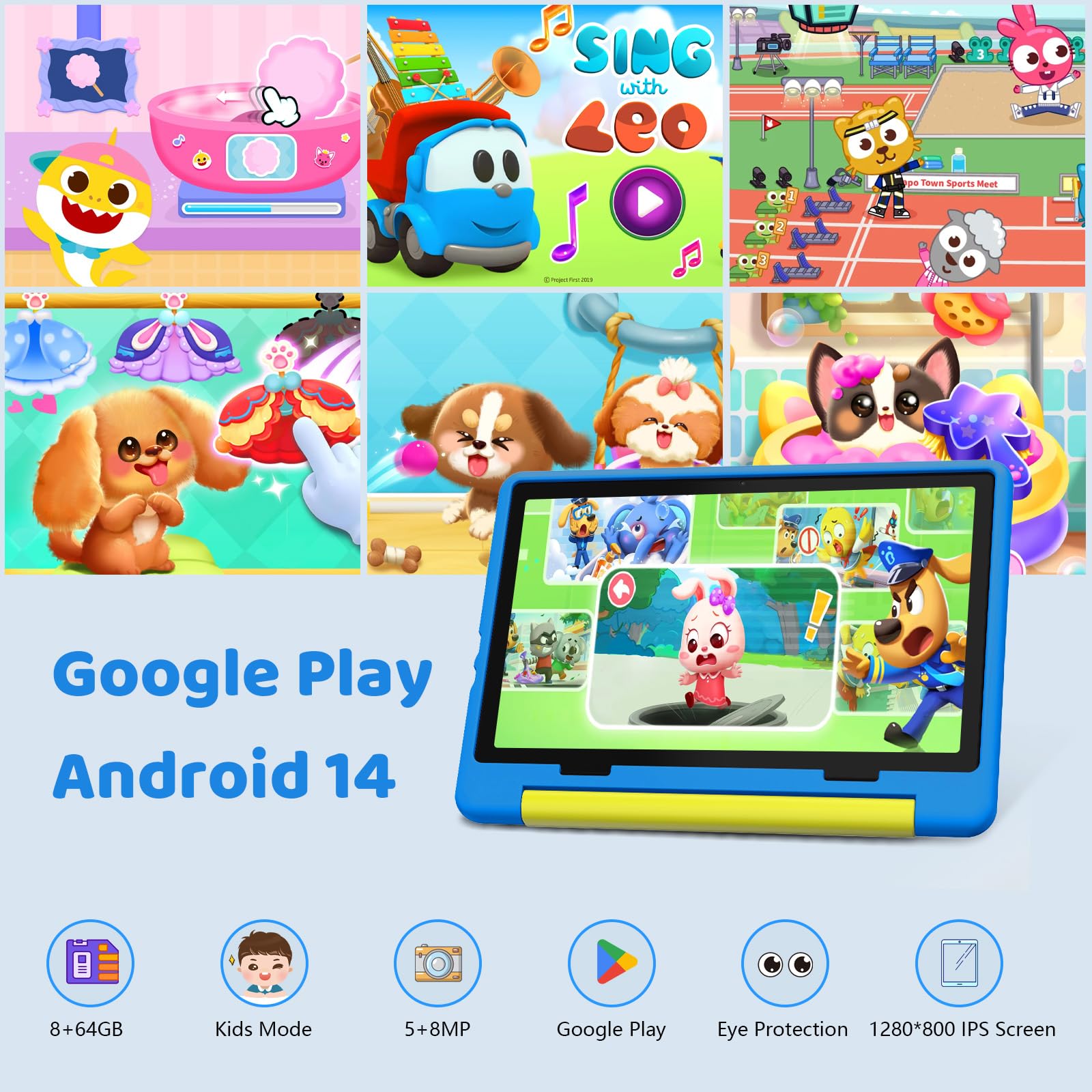 Mouikei 10 Inch Android 14 Kids Tablet - Octa Core Processor, 8GB RAM 64GB ROM, 1TB Expandable Storage, 5000mAh Battery, WiFi, Bluetooth, Dual Camera - Blue | Educational Learning & Entertainment for Children