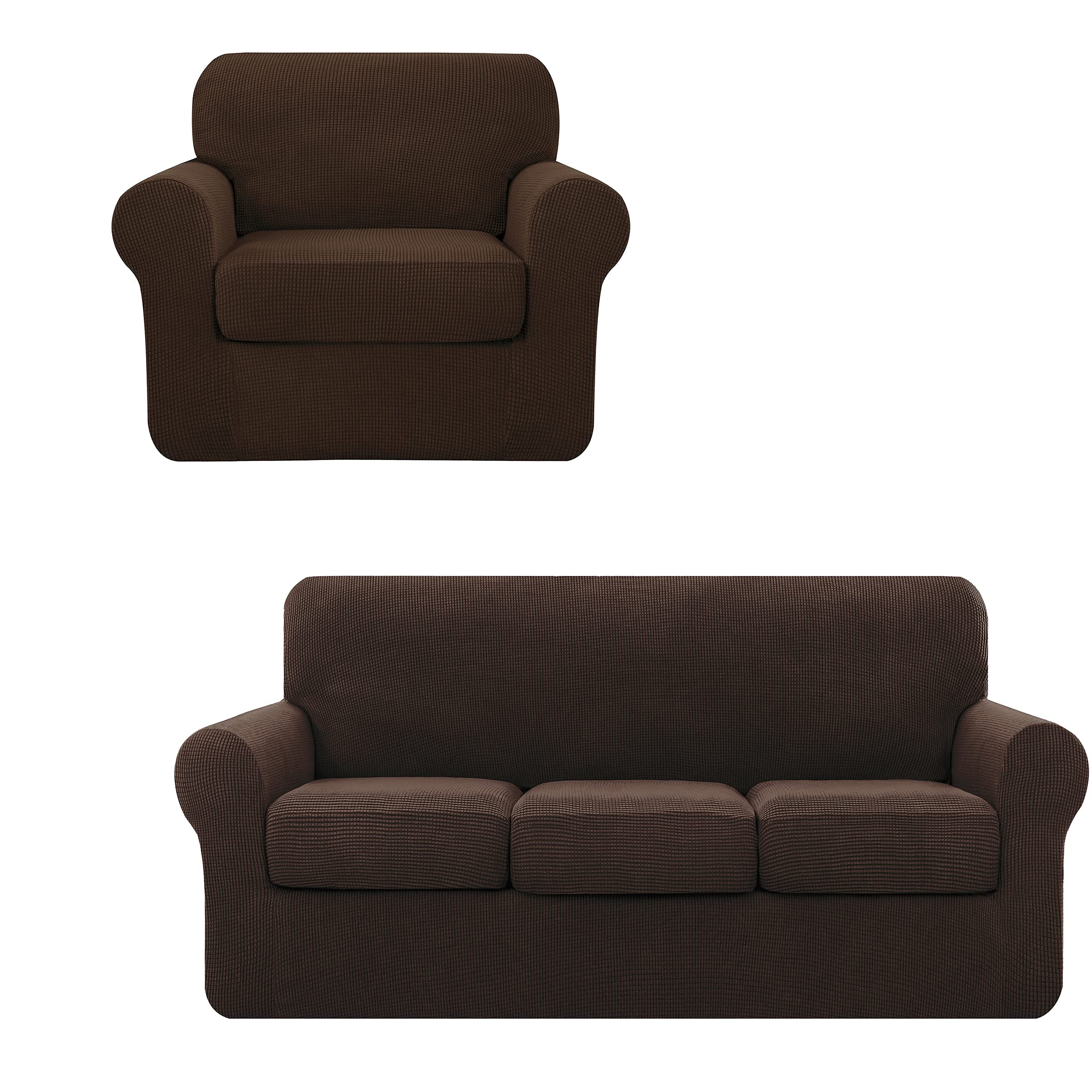 SyMax Chair Slipcover with 1 Cushion Cover & Sofa Slipcover with 3 Cushion Covers - Chocolate Brown Stretchable Furniture Protector for Living Room, Office, and Dining Room
