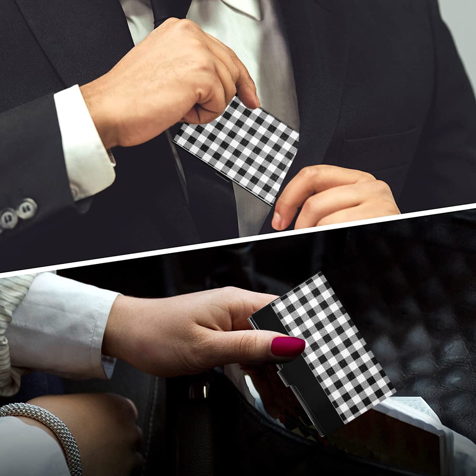 Black & White Check Plaid Grid Business Card Holder - PU Leather Stainless Steel Slim Credit Card Wallet - Unisex Professional Name Card Case for Office, Networking & Business Meetings