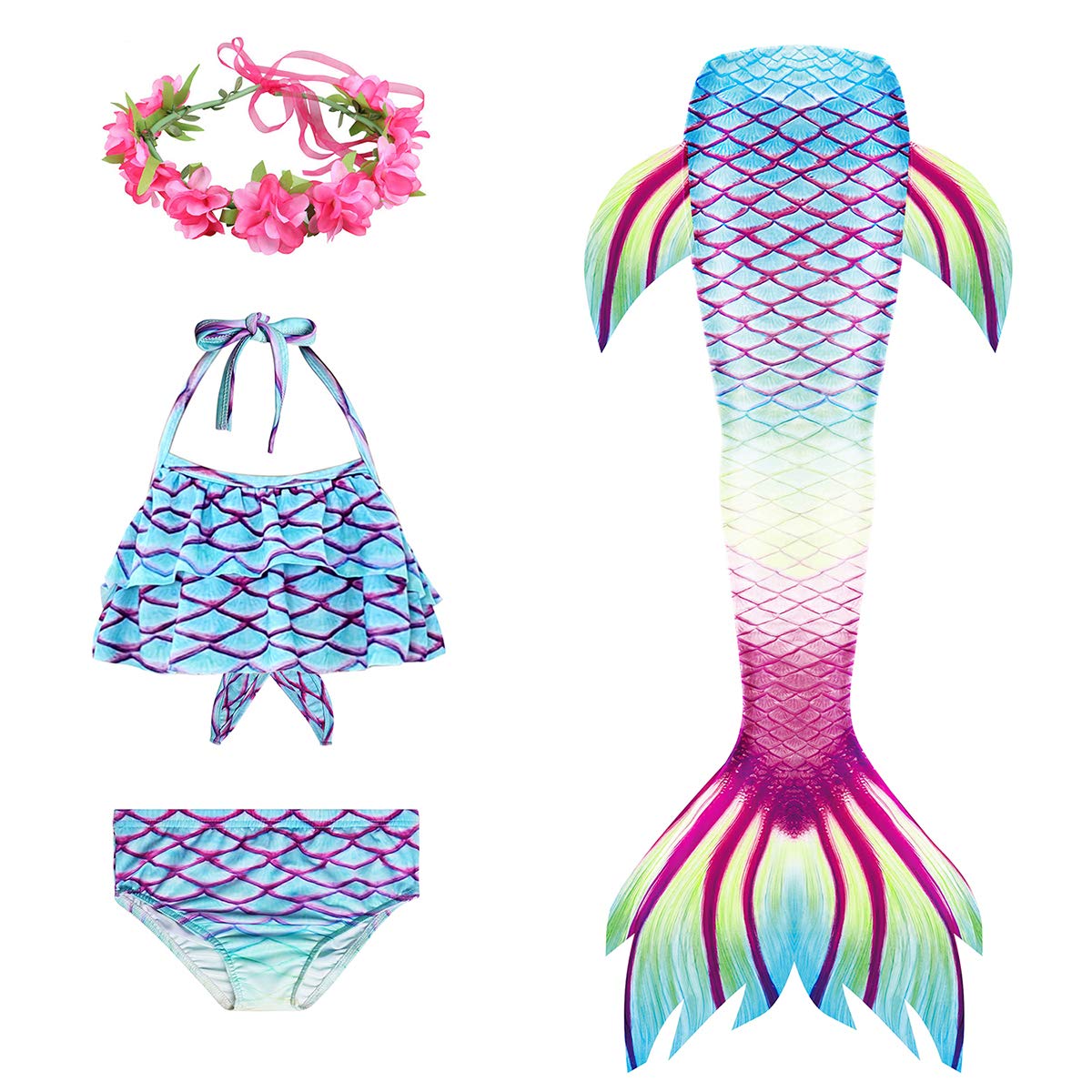 **Mermaid Tail Swimsuit for Kids - 3PCS Girls Princess Fish Costume with Flower Headbands | Swimwear for Pool, Beach & Underwater Play**
