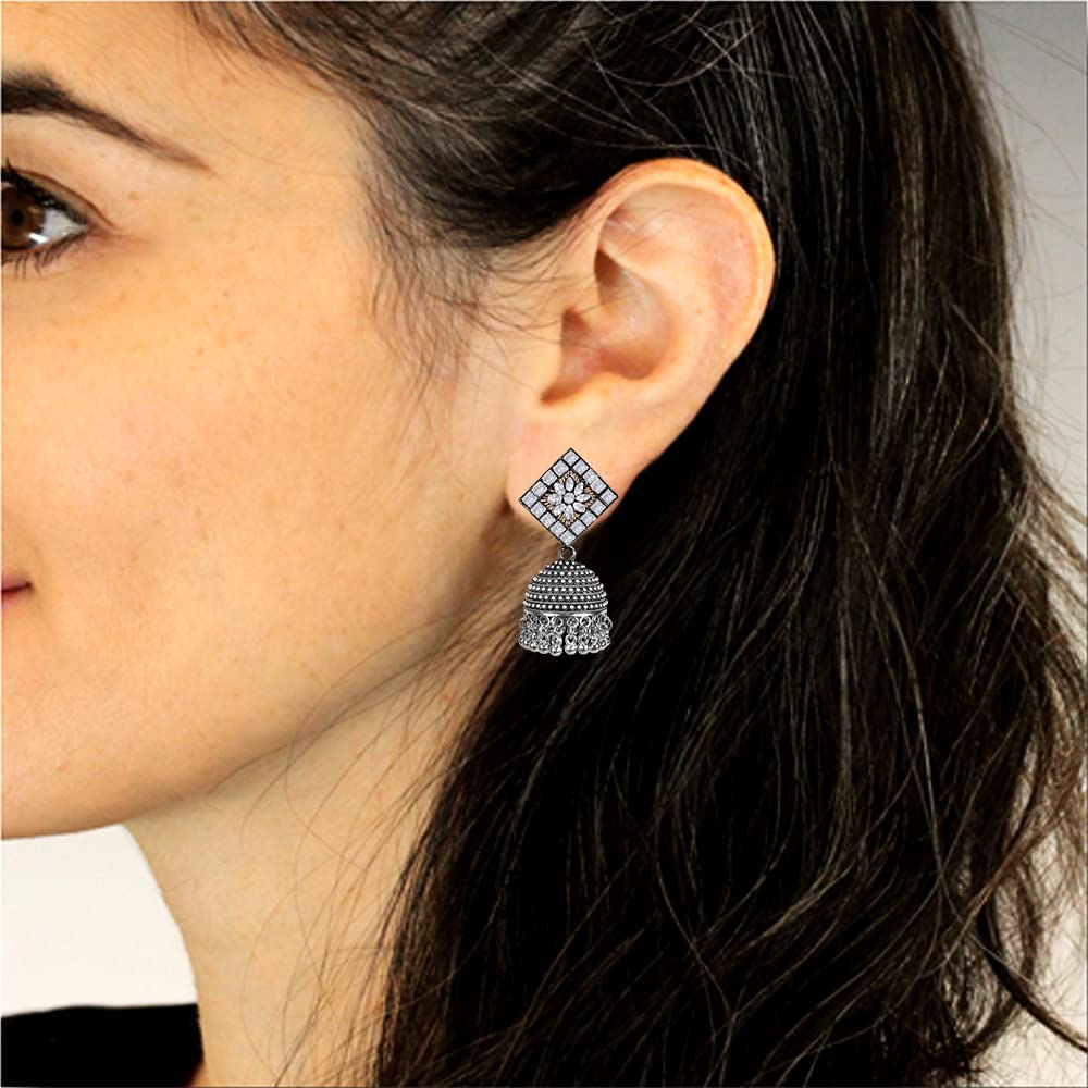 KJAE0026 Stylish Traditional Ethnic Grey Oxidized Jhumka Earrings for Women & Girls | Latest Collection Metal Dangler Earrings | Perfect for Weddings, Parties & Cultural Events