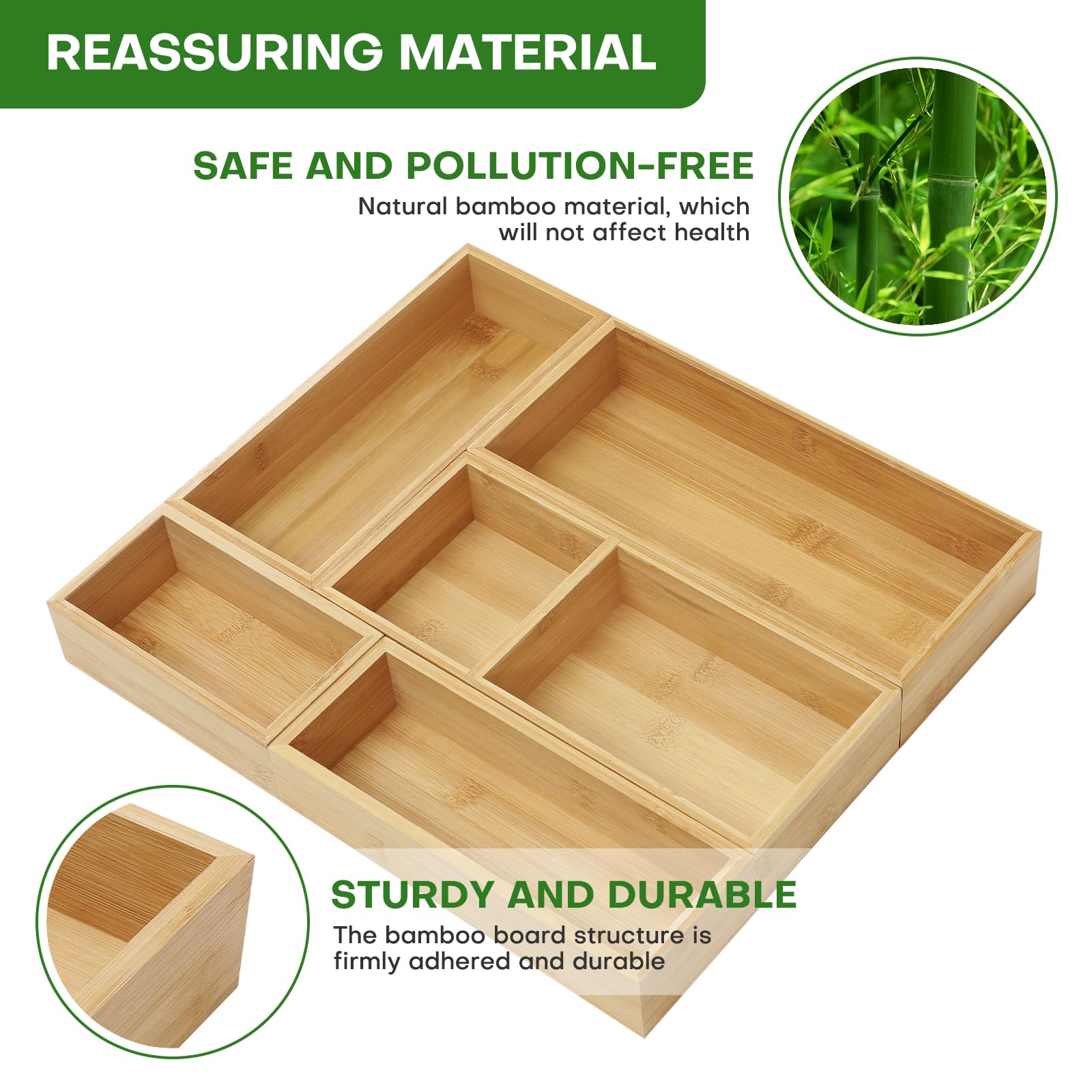 5-Piece Bamboo Drawer Organizer Set - Multi-Use Wooden Storage Trays for Kitchen, Bathroom, Office & Jewelry | Drawer Dividers & Container Organizers for Utensils, Makeup & Small Items | Perfect for Home Organization & Decluttering