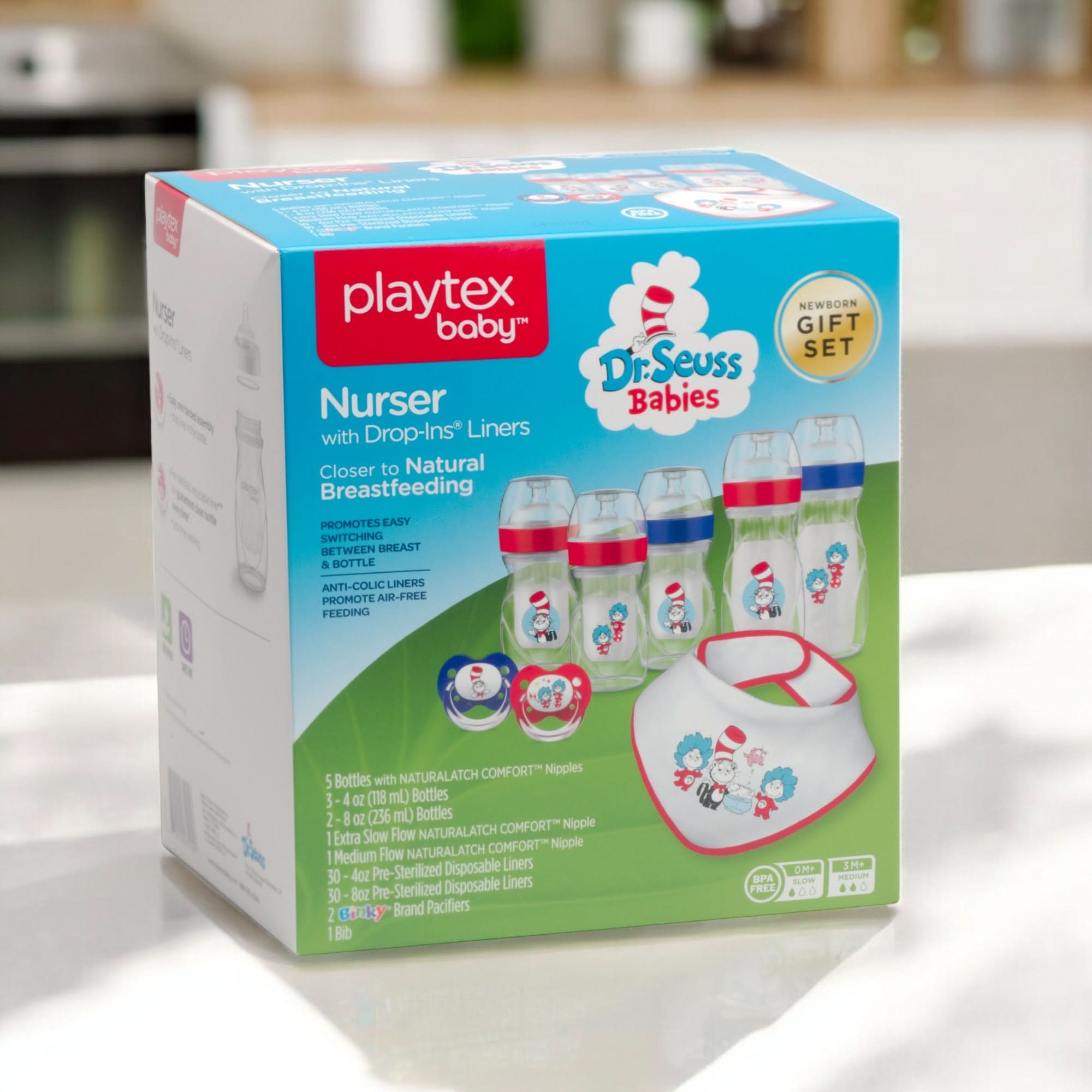Playtex Dr. Seuss Baby Shower Gift Set - 3 Anti-Colic Nurser Bottles, 2 Pacifiers, 2 Bibs & 10 Liners | Perfect Newborn Essentials for Feeding & Comfort | Ideal Baby Registry, Shower Gift & Nursery Must-Have