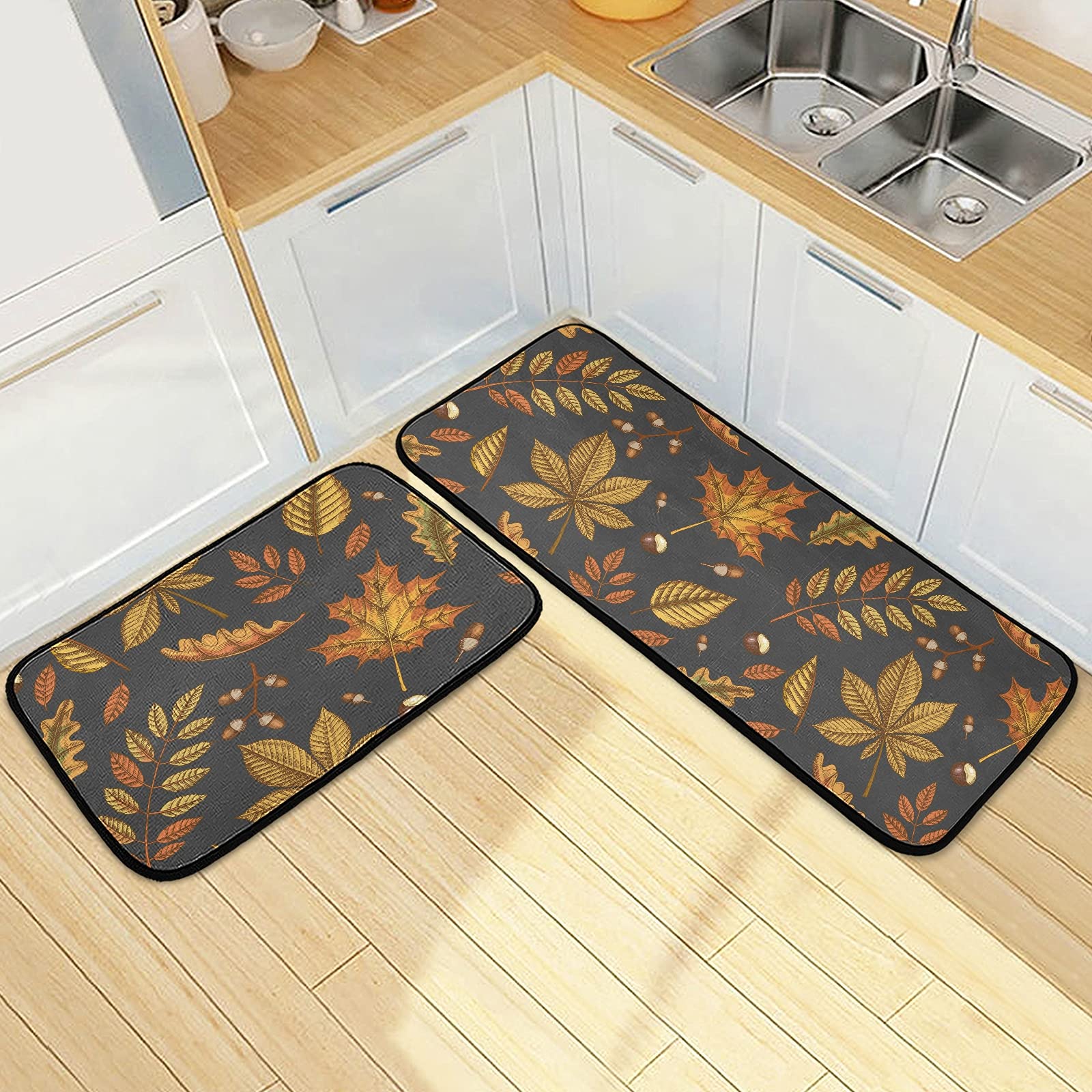 Emelivor Anti-Fatigue Kitchen Mat Set of 2 - Non-Slip Cushioned Memory Foam Rug for Fall/Autumn - Heavy Duty Farmhouse Style Mats for Kitchen, Laundry & Entryway - Perfect for Standing Comfort While Cooking & Cleaning