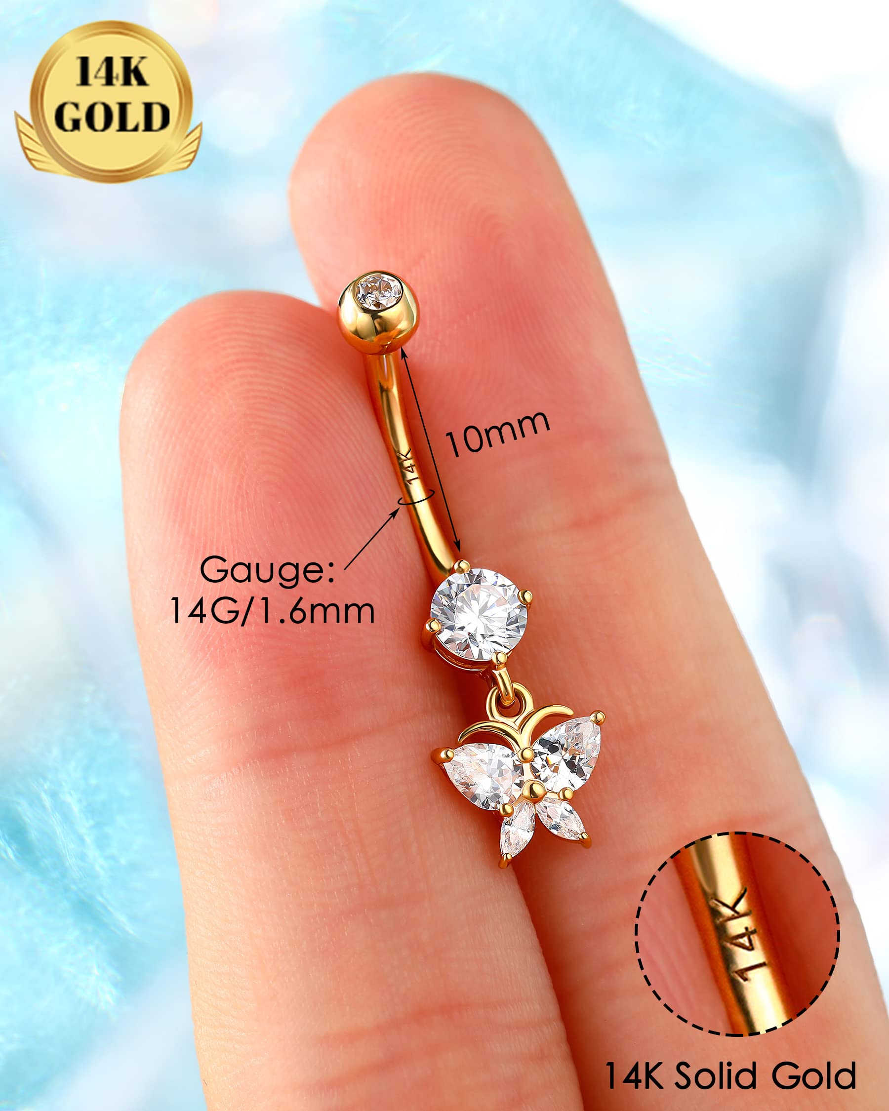 14K Solid Gold Butterfly Belly Button Rings for Women - Dangle Navel Piercing Jewelry with Clear CZ Stones - Elegant Body Jewelry for Parties, Beach & Everyday Wear