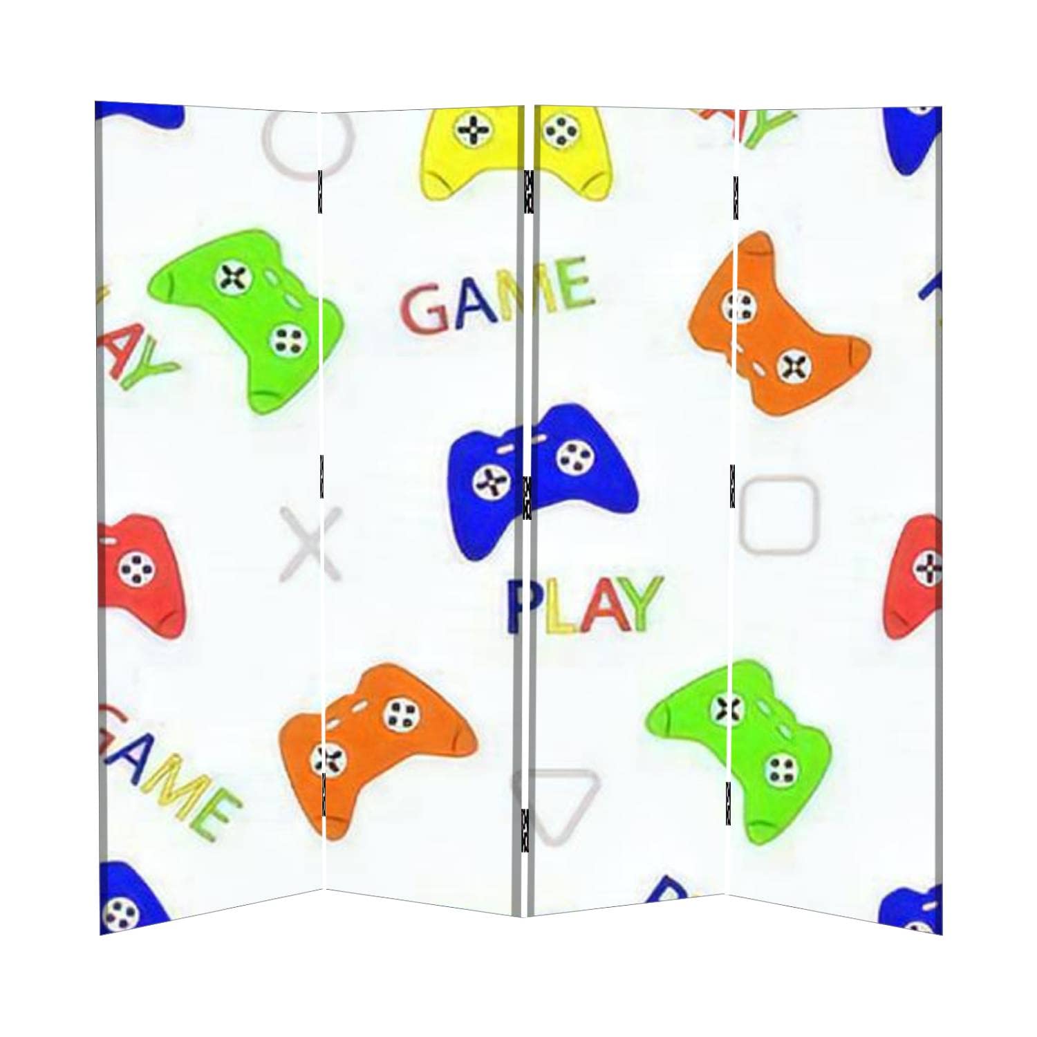 Multicolor Gaming Themed 4-Panel Canvas Room Divider Screen - Kids Room Partition with Joystick Graphics & Icons - Foldable Privacy Screen for Bedrooms, Playrooms & Temporary Walls - Perfect for Gaming Rooms, Dorm Dividers & Office Spaces