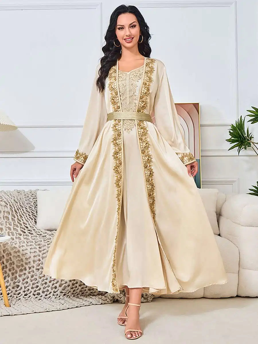 Elegant Beaded 2-Piece Eid Dress Set - Flowy Caftan Kaftan with Sleeveless Inner Dress #25269 | Perfect for Eid Celebrations, Weddings & Special Occasions