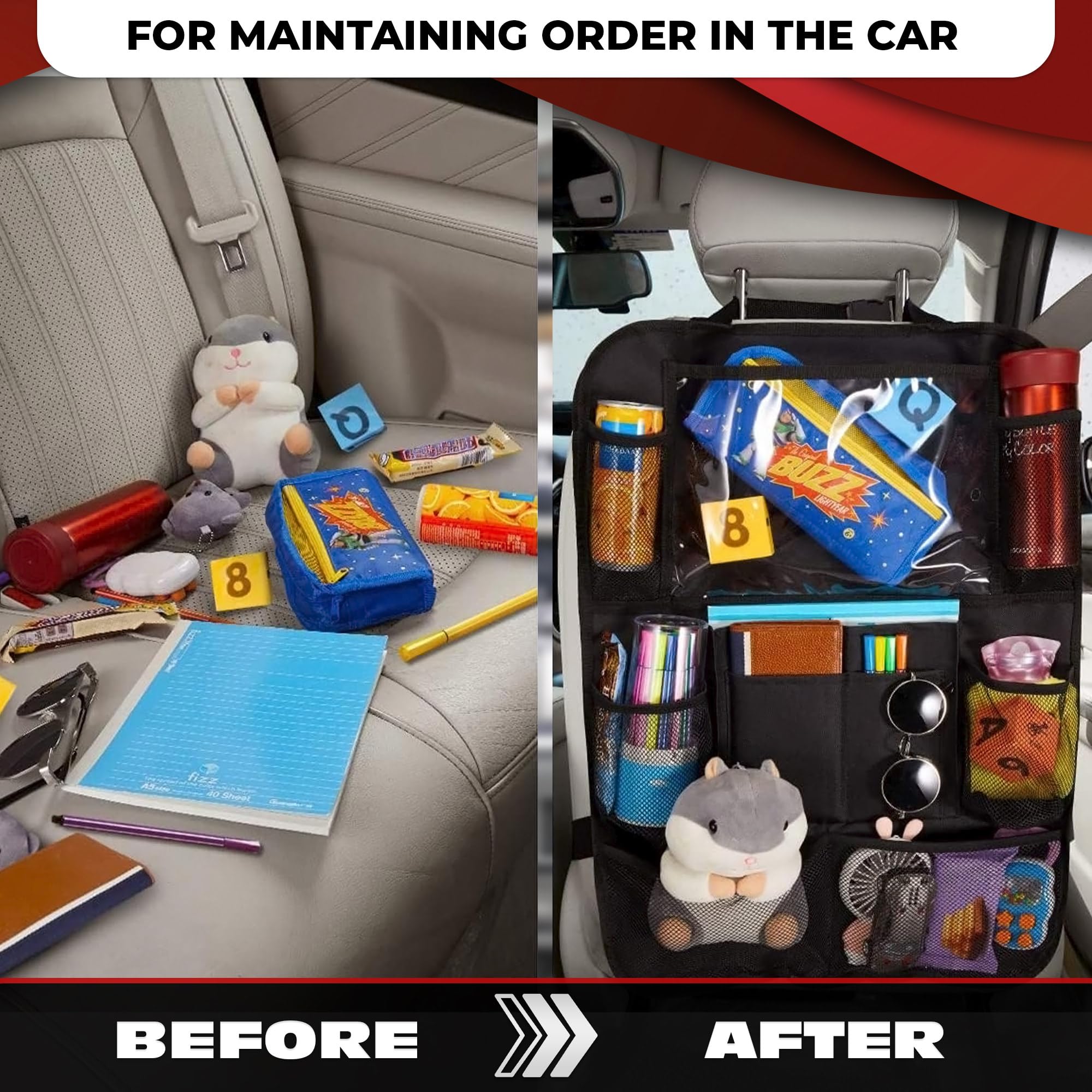 2Pcs Backseat Car Organizer - Waterproof Car Seat Organizer with Multiple Pockets, Kick Protector & Storage for Kids Toys, Snacks, Books - Perfect for Road Trips, Family Travel & Daily Commute
