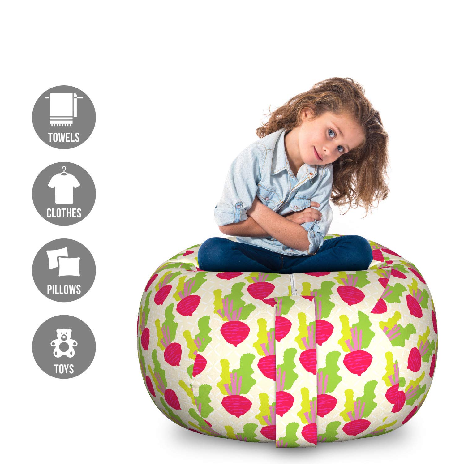 Ambesonne Washable Vegetable Storage Toy Bag Chair - Abstract Beetroot Pattern with Crossed Backdrop, Large Multicolor Stuffed Animal Organizer | Perfect for Kids' Room, Playroom & Toy Storage Organization