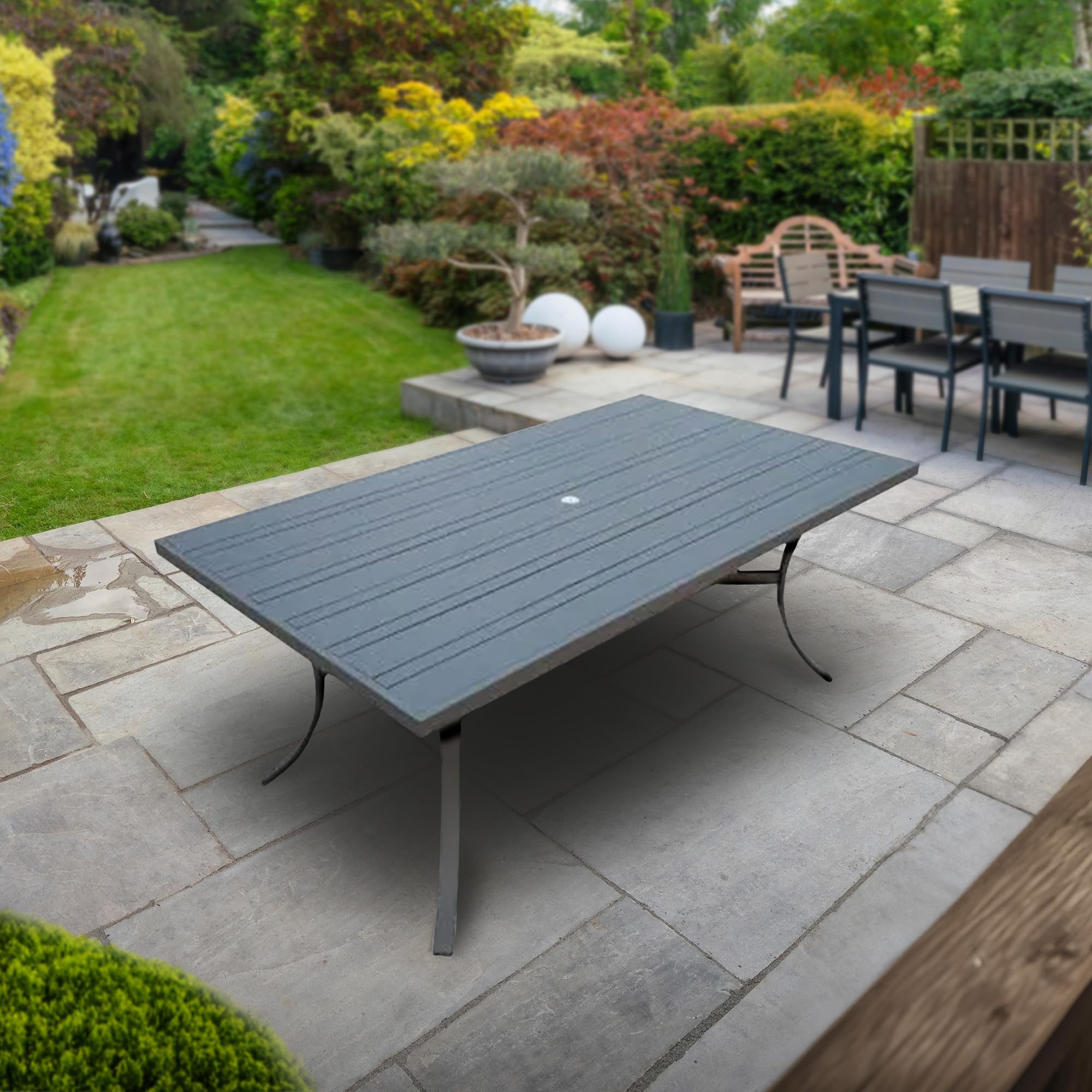 72x39 Inch Black Aluminum Outdoor Dining Table with Slate Tabletop & Umbrella Hole - Perfect for Patio, Backyard, Garden, and Poolside Gatherings