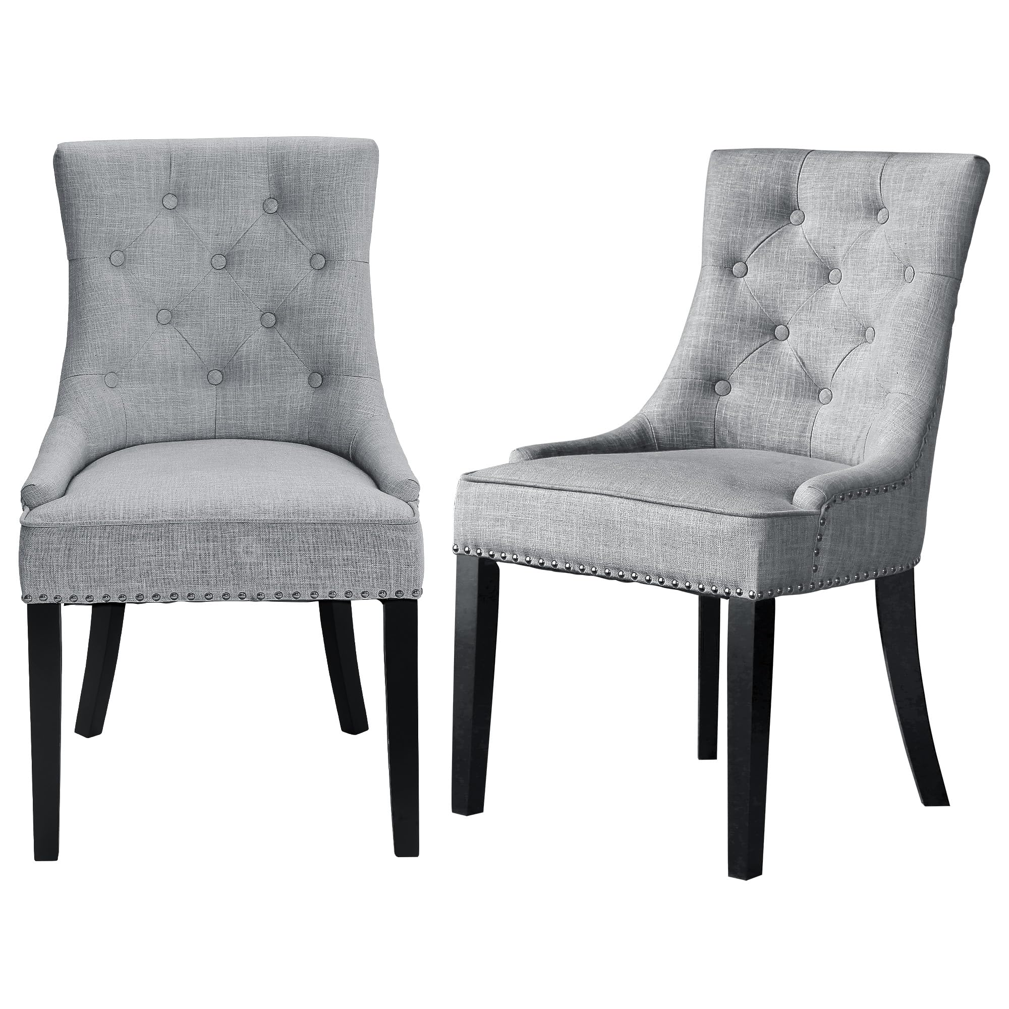 Vanity Art Button Tufted Fabric Upholstered Dining Chairs Set of 2 - Comfortable Padded Armchairs with Solid Wood Legs for Dining Room, Kitchen, Living Room (Gray)