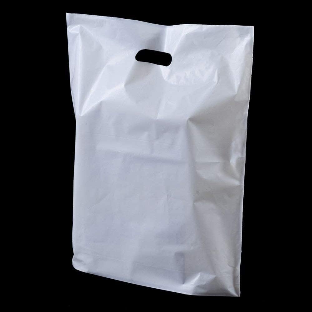 100 White Plastic Handle Shopping Bags 15x18+3 Inches (38x46+7cm) - Bulk Grocery Bags for Supermarkets, Boutiques, Gift Shops & Market Stalls | Durable Carry Bags for Retail, Parties & Events