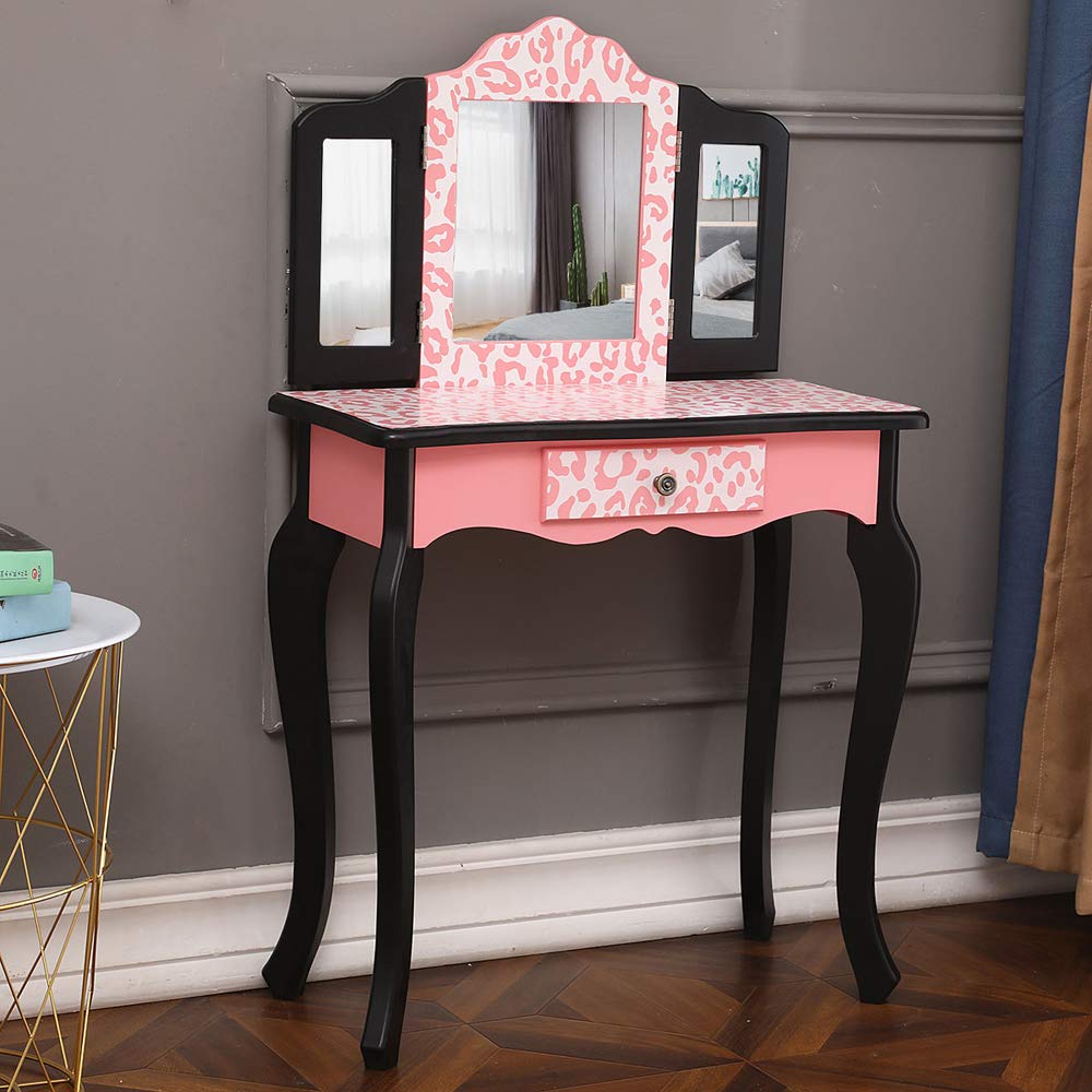 Vasitelan Kids Vanity Set with Mirror & Drawers - Little Girls Makeup Dressing Table with Stool, Folding Mirror for Bedroom | Perfect Birthday Gift for Toddlers & Princess Room Decor