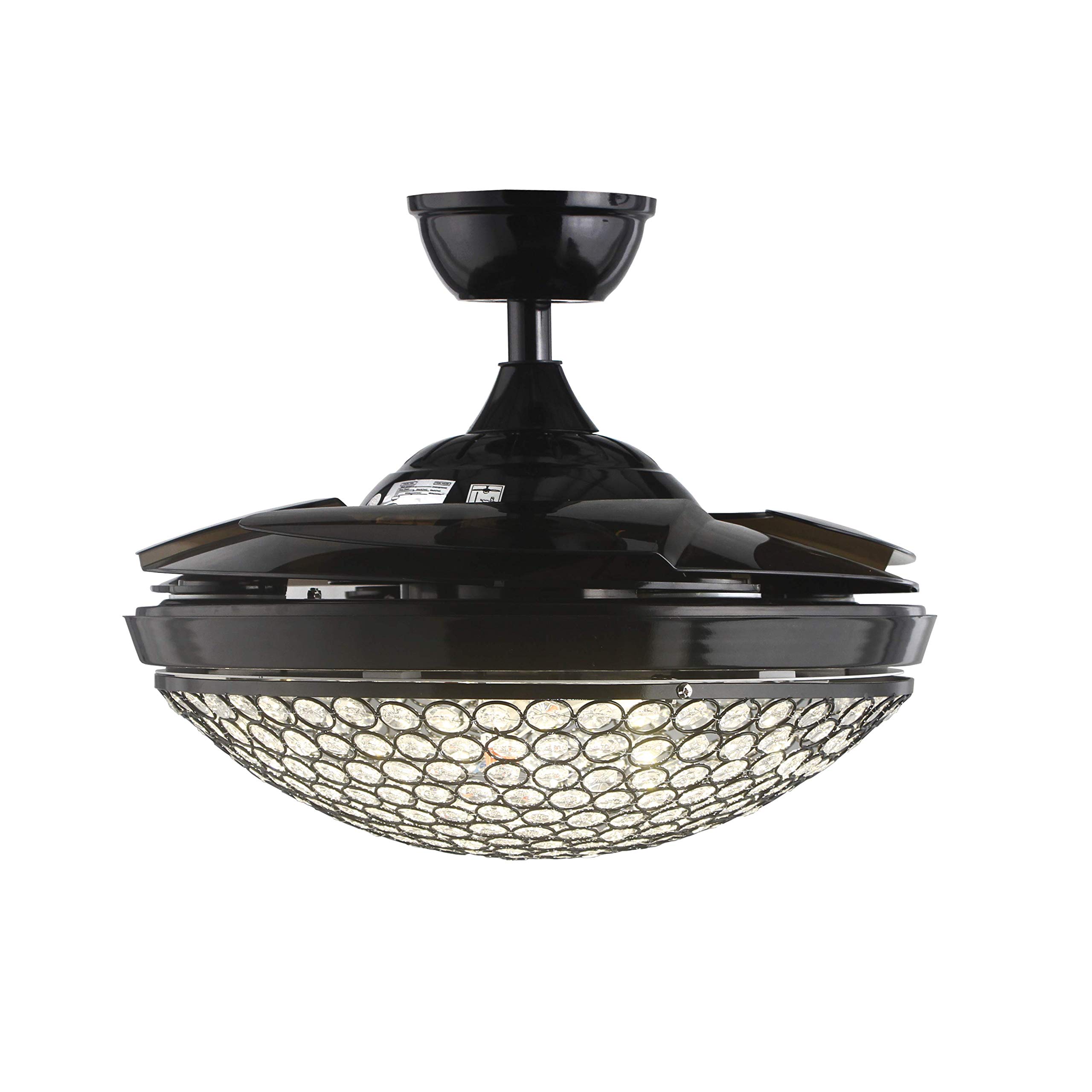 42 Inch Wide Retractable Ceiling Fan with Clear Acrylic Blades, LED Light Kit & Crystal Chandelier - Remote Control, Chrome Finish - Perfect for Living Room, Family Room, Bedroom (Black) - Modern Home Cooling & Lighting Solution