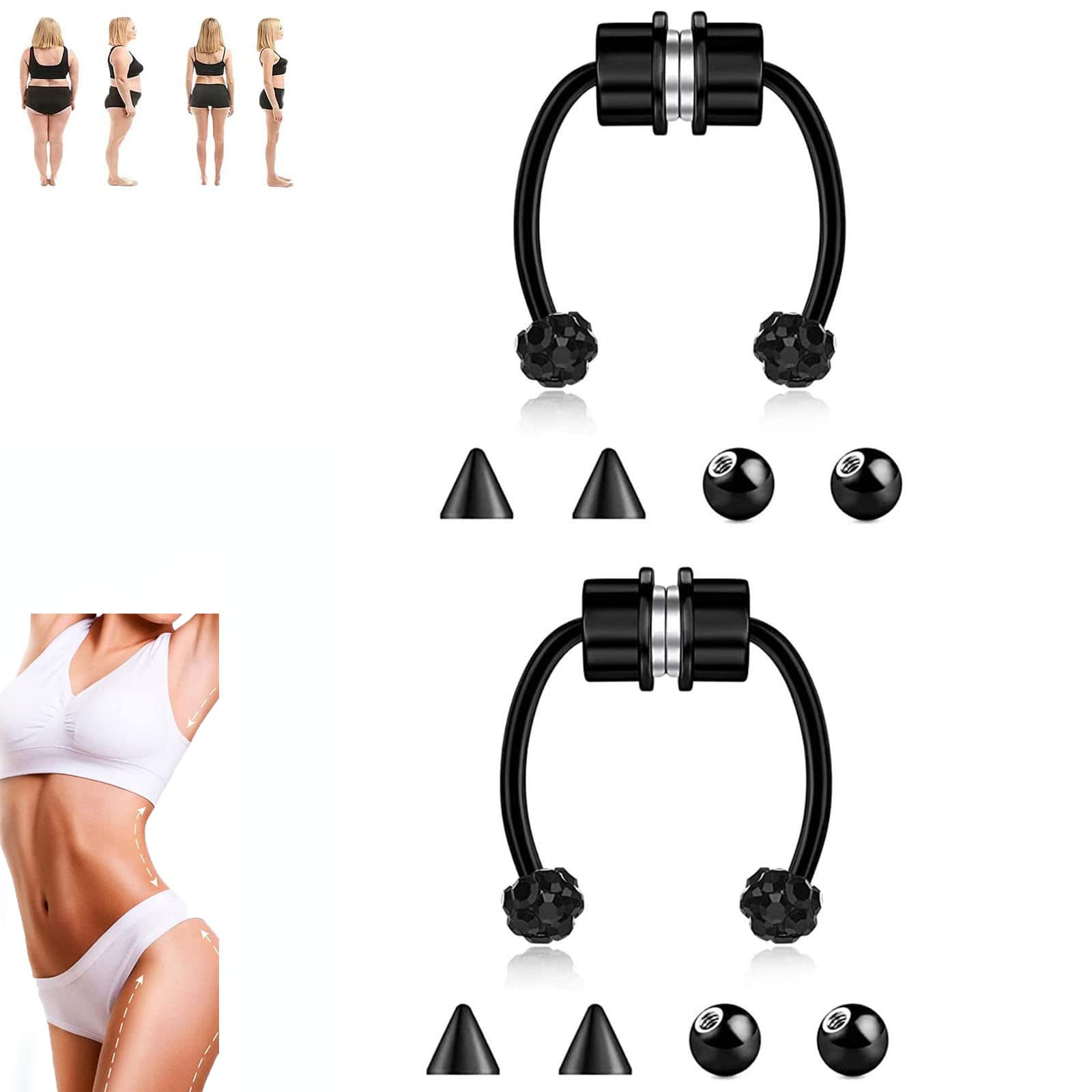 2/5Pcs Magnetic Acupressure Slimming Nose Rings - Non-Piercing Fake Nose Hoop for Weight Loss & Facial Contouring | Perfect for Daily Wear, Cosplay & Fashion Accessories (Black)