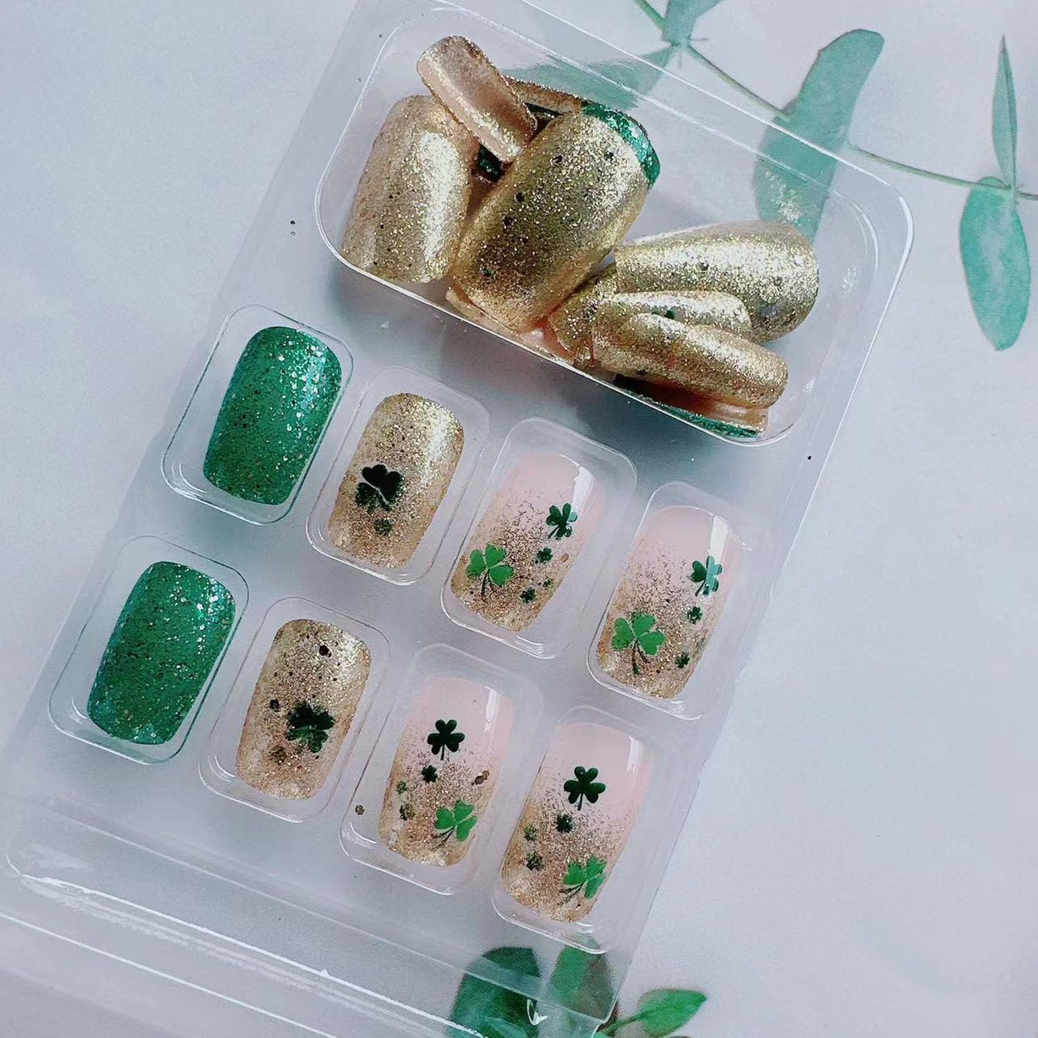 St. Patrick's Day Press On Nails - Medium Coffin Fake Nails with Lucky Clover Design, Green Gold Glitter & French Tips | 24Pcs Shamrock Glitter Full Cover Artificial Nails for Women | Perfect for Parties, Festivals & Irish Celebrations
