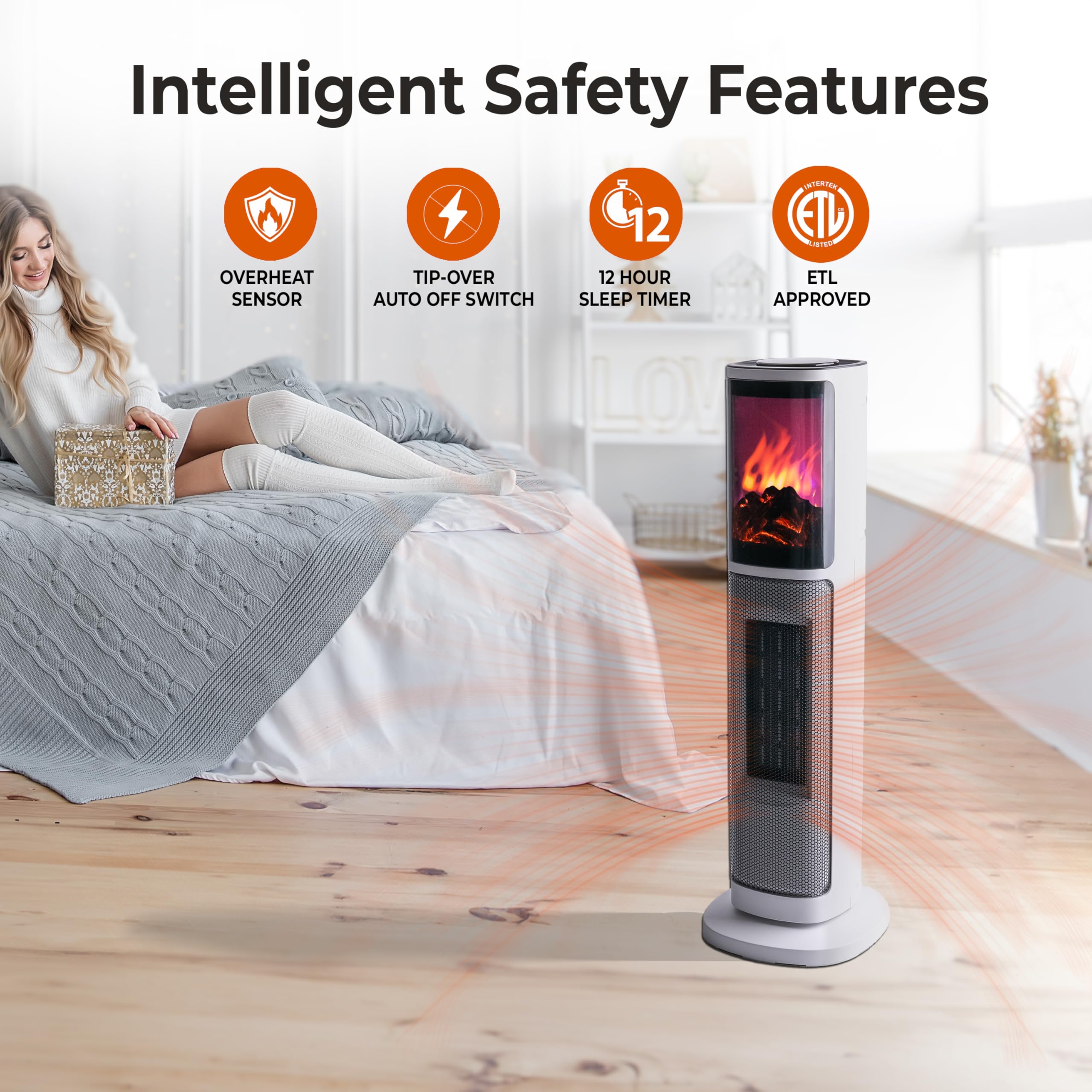Comfort Zone 3D Flame Electric Space Heater - 25 Inch Indoor Portable Heater with Remote Control, 8H Timer, 75° Oscillation & Adjustable Thermostat | Overheat Protection | Perfect for Bedroom, Office & Living Room Heating