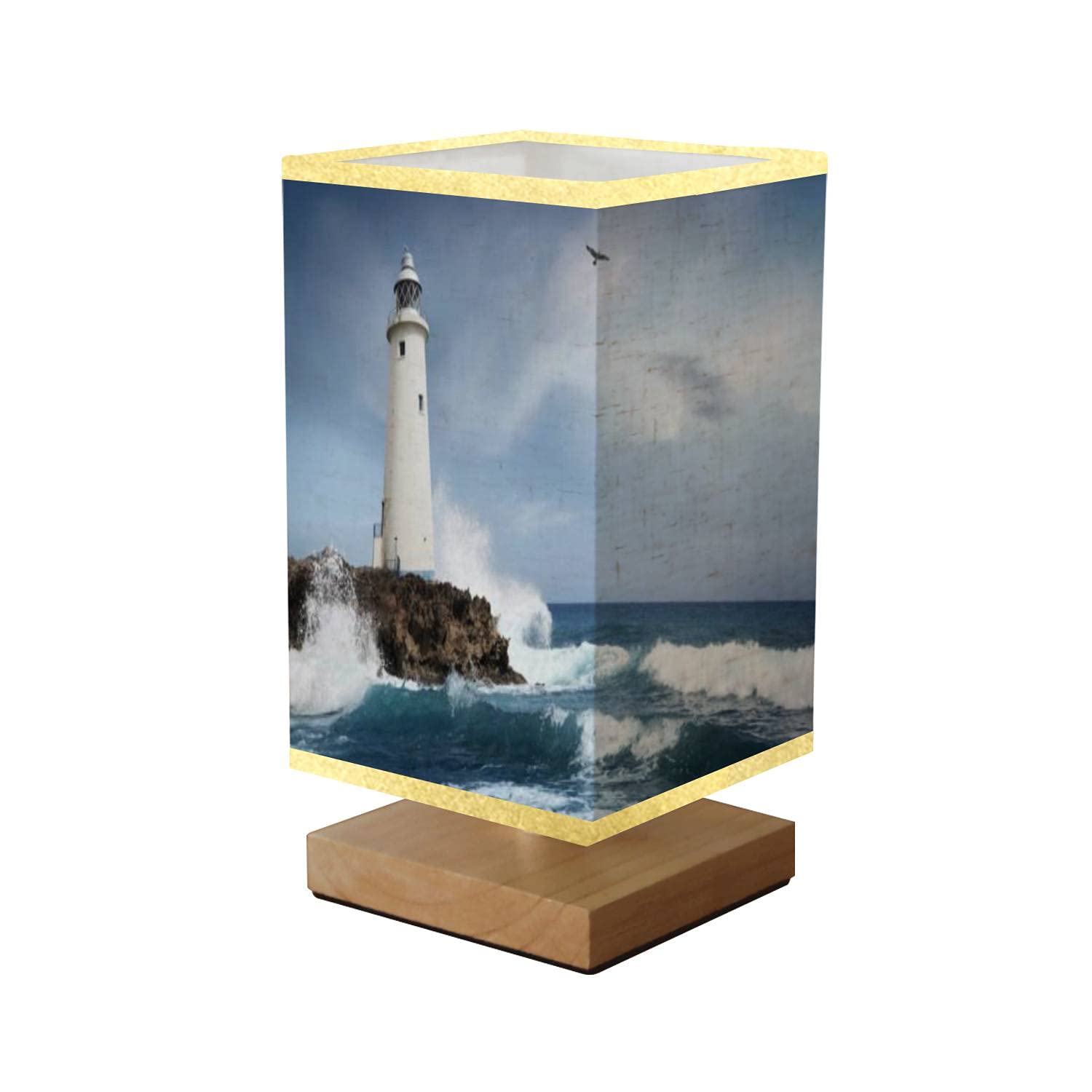 White Lighthouse on The Cliff Square Bedside Table Lamp - Wooden Base with Flaxen Fabric Shade, Dimmable Nightstand Lamp for Bedroom & Living Room (5.5x10 Inch) - Perfect for Coastal Decor, Reading Nook & Guest Room Ambiance