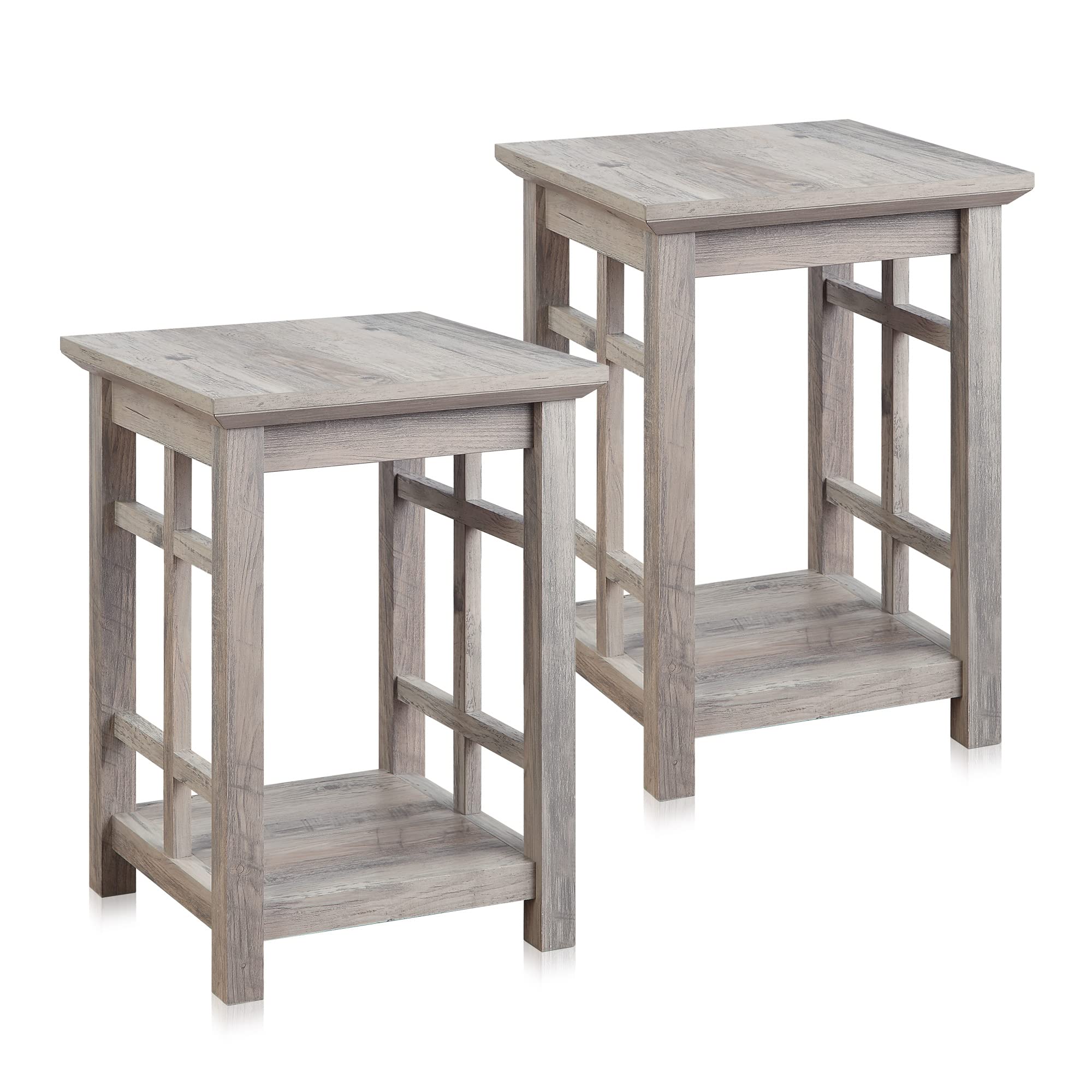 BELLEZE 2-Tier Wood Nightstand with Storage Shelf - Set of 2 Modern Bedside Tables for Bedroom, Living Room & Office - 15.75 Inch Gray Wash Finish - Space Saving Small End Table for Apartments & Dorms