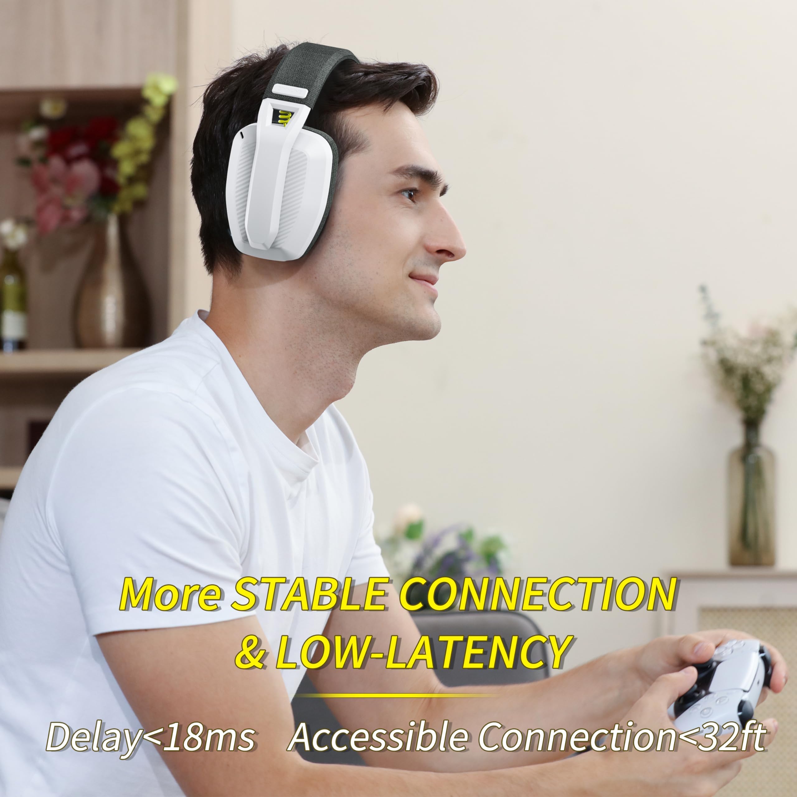 BINNUNE Wireless Gaming Headset with Mic for PC, PS4, PS5 - White/Gray for Online Gaming & Streaming
