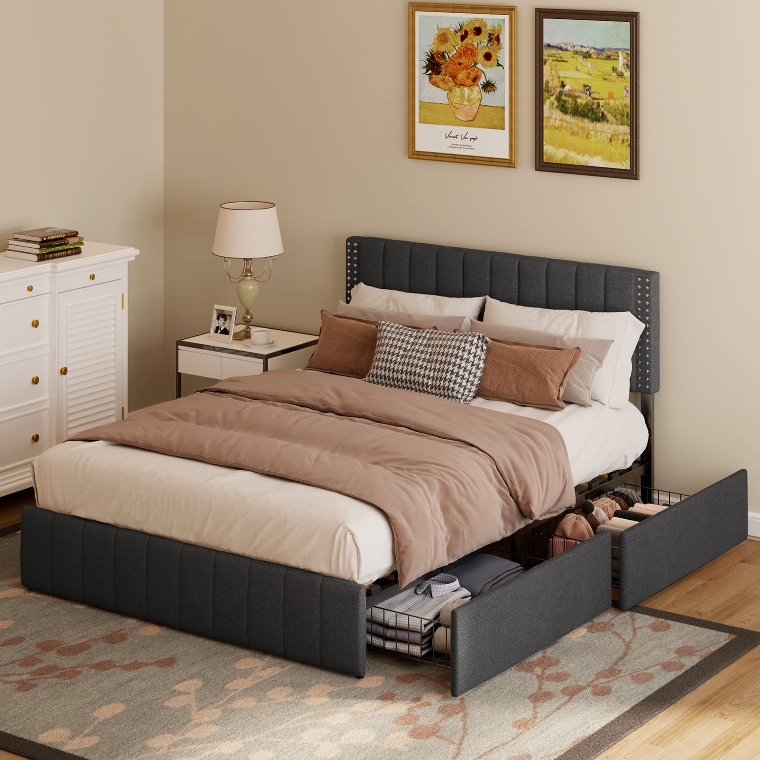 Gizoon Upholstered Storage Bed Frame with Headboard - Fits 6-12
