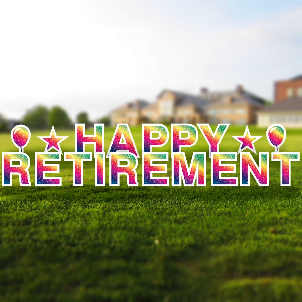 Happy Retirement Yard Sign - 18in Tall with Stakes & Emojis, Corrugated Plastic, Rainbow Faux Glitter - Perfect for Retirement Party Decorations, Gifts & Outdoor Celebrations