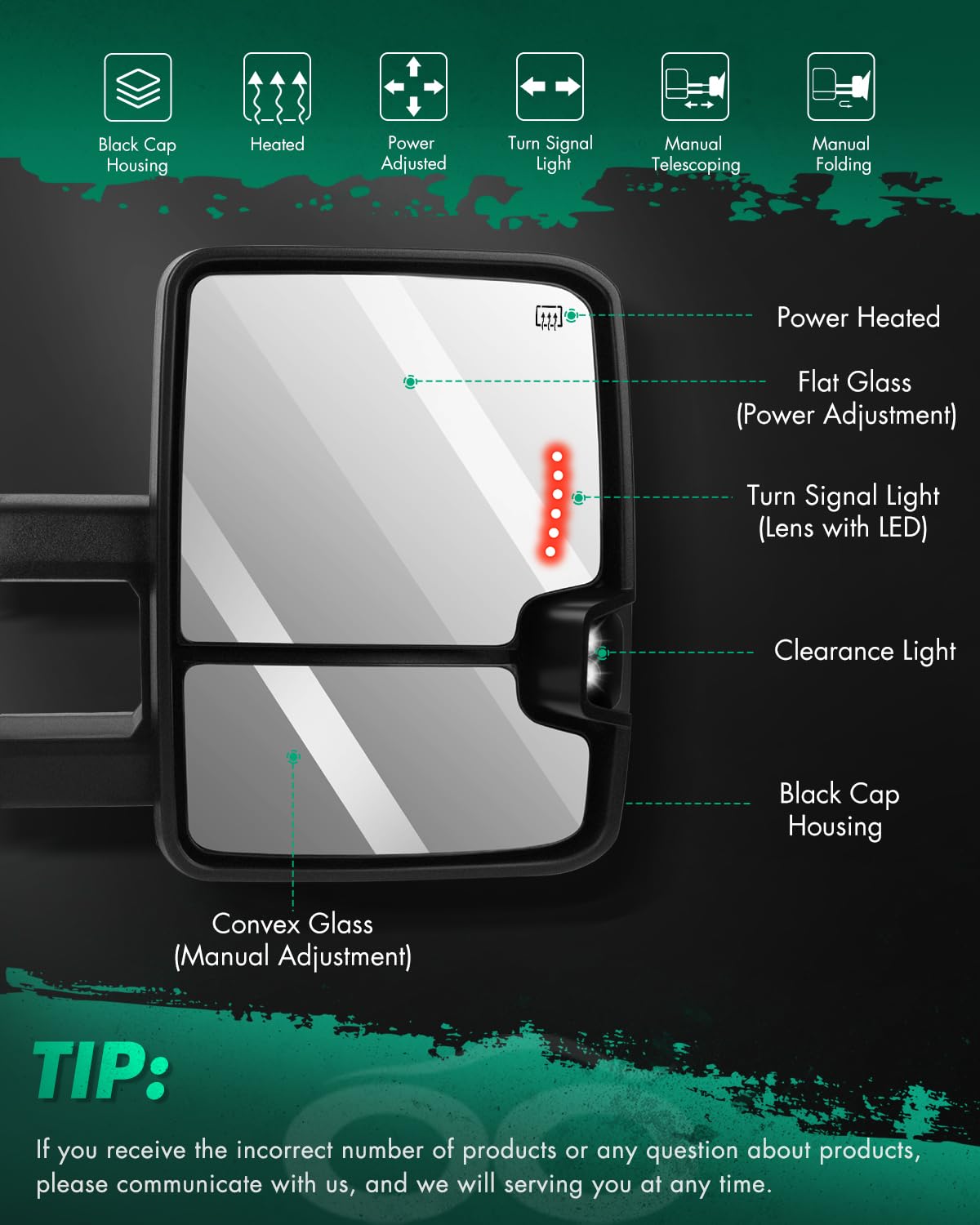 SCITOO Black Power-Adjusted Heated Towing Mirrors with LED Turn Signal & Puddle Light - Compatible with 2003-2006 Chevy Silverado & GMC Sierra Pickup Trucks (Pair LH RH) - Perfect for Enhanced Visibility & Safety During Towing & Night Driving