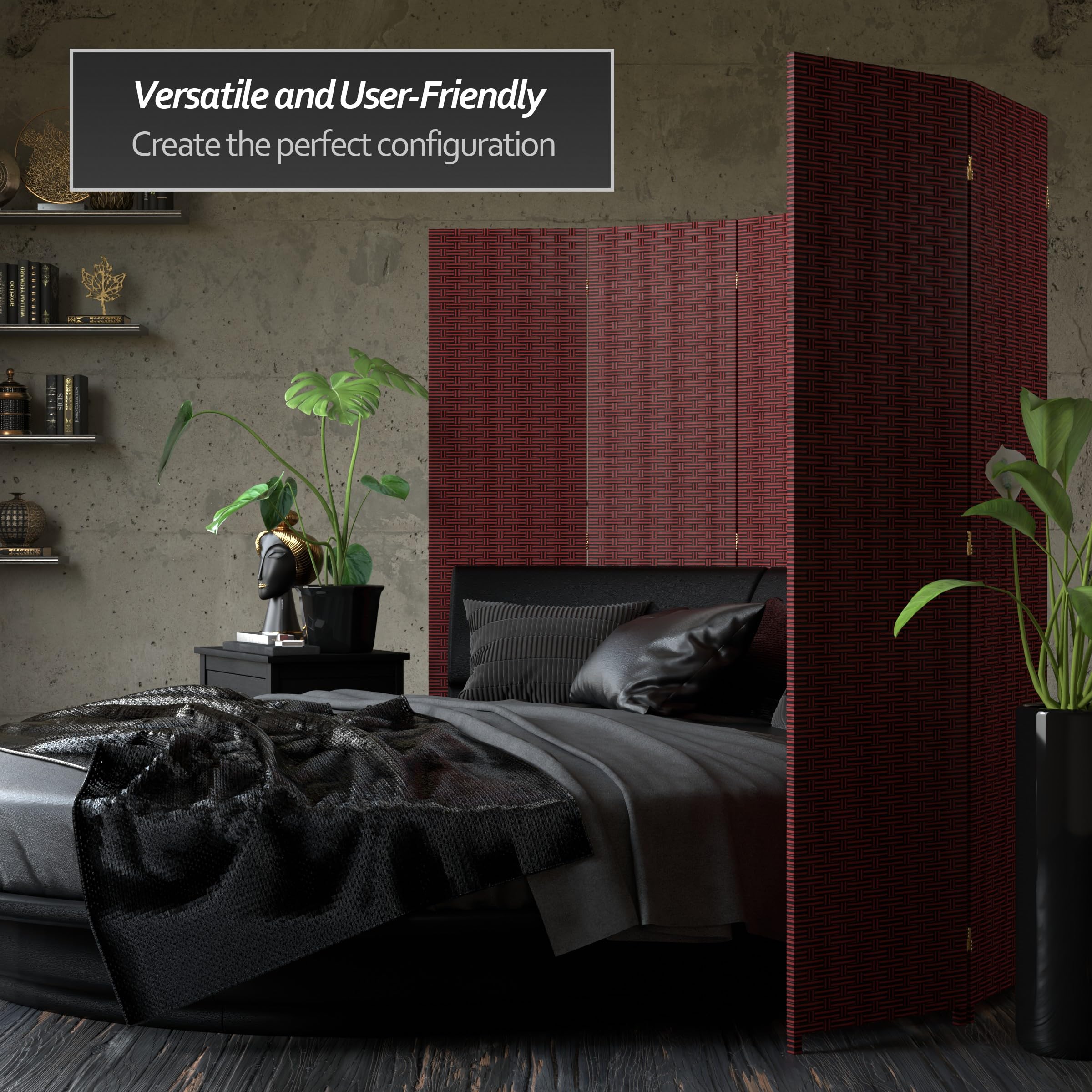 6 ft Tall Red and Black Woven Fiber Room Divider - 4 Panel Folding Privacy Screen for Home, Office, or Outdoor Use