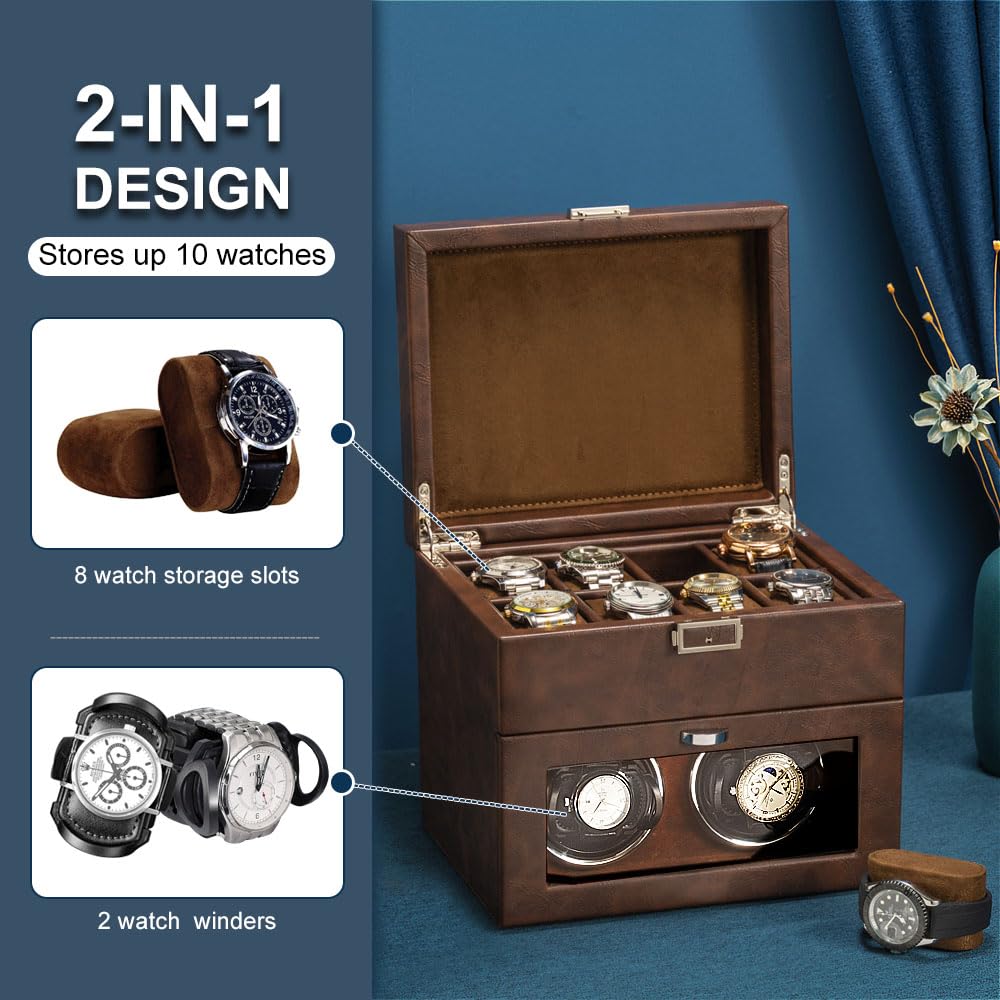 Premium Automatic Double Watch Winder with 8-Slot Storage Display Box - Japanese Quiet Motor, LED Light & Adjustable Watch Pillows - Perfect for Watch Collectors & Luxury Timepiece Storage (AC Adapter Included) - Ideal for Home, Office or Travel Use