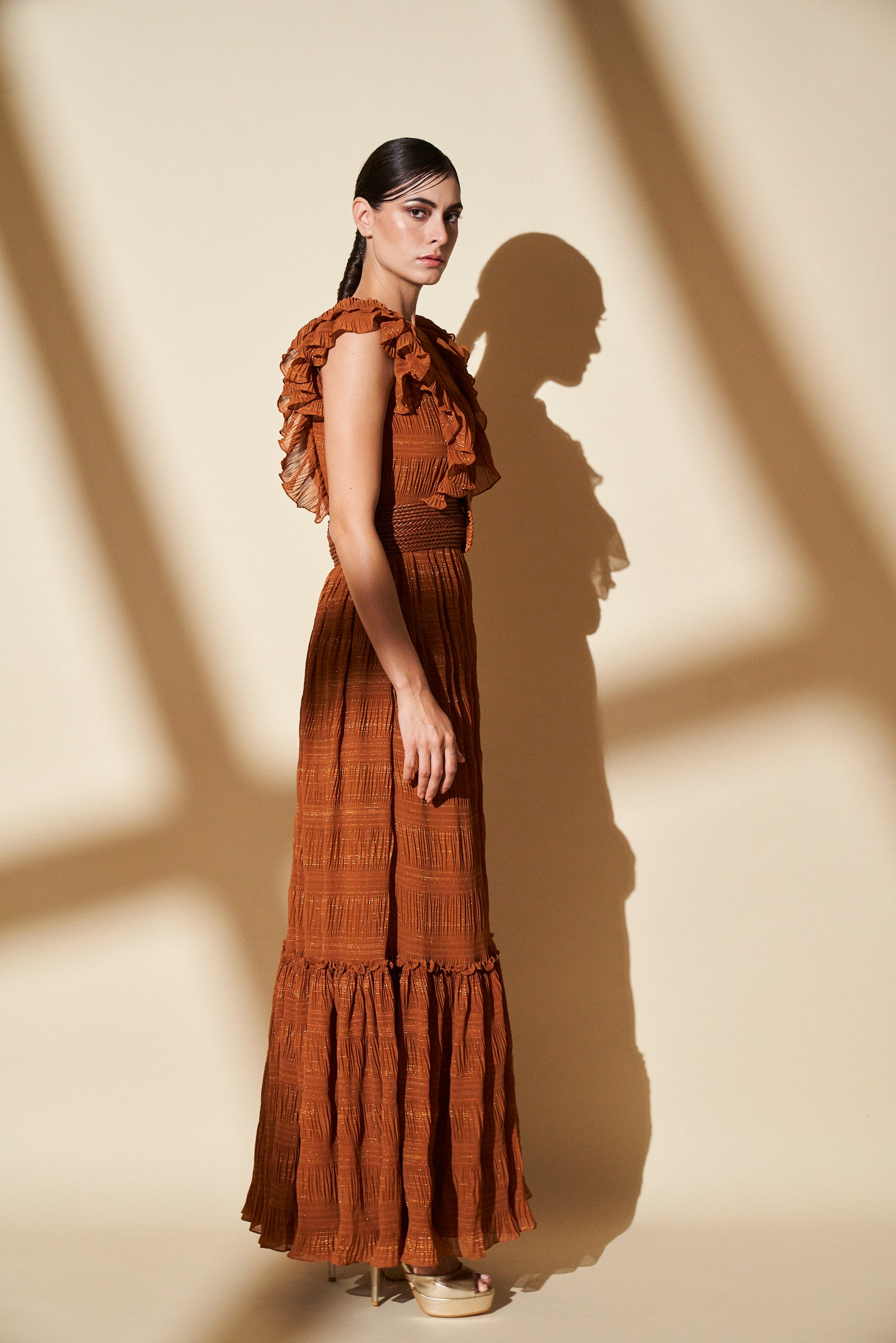 Mustard Gold Woven Zari Maxi Dress for Women - Elegant Indian Party Wear & Wedding Guest Outfit - Perfect for Festivals, Ceremonies and Special Occasions