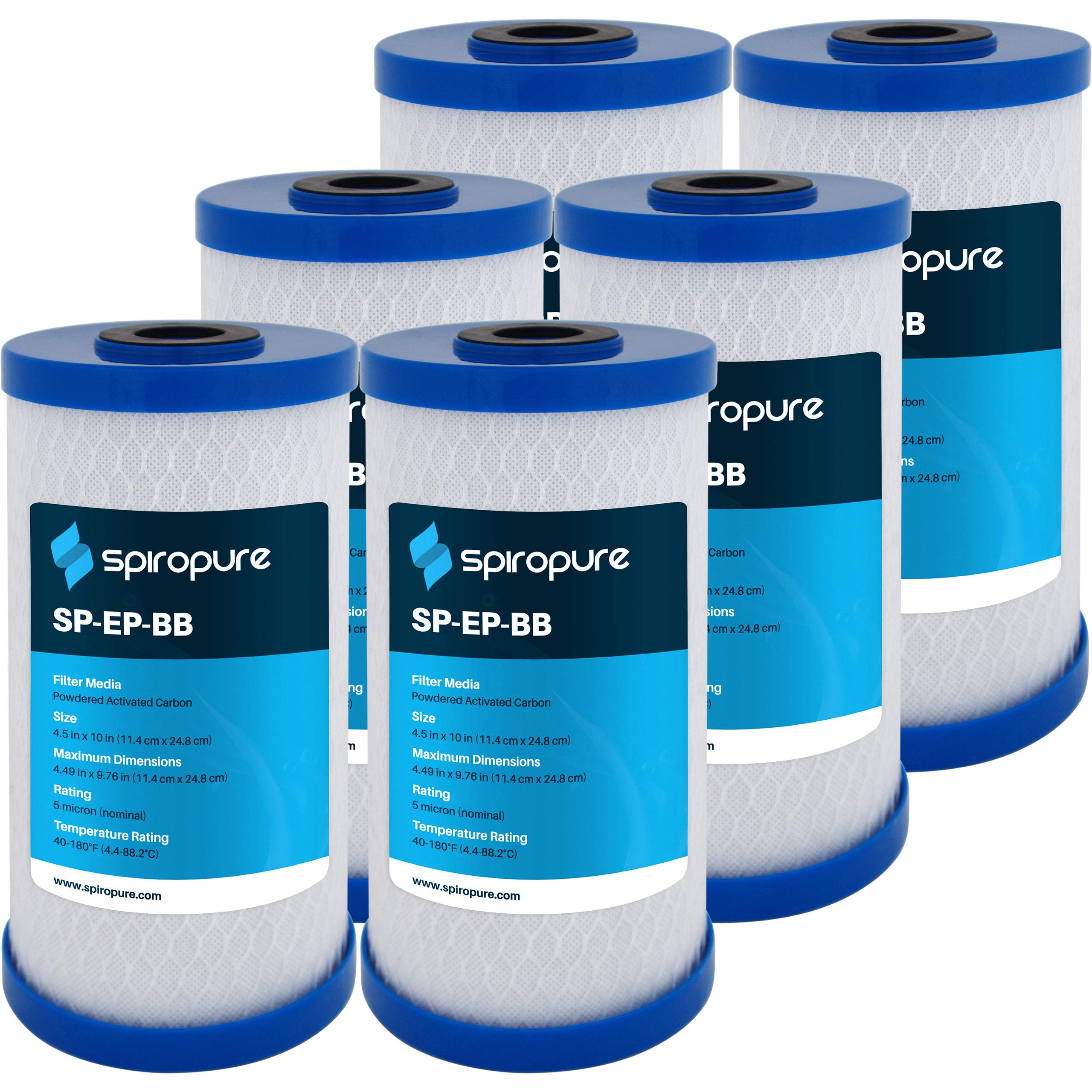 SpiroPure SP-EP-BB 10x4.5 Inch 5 Micron NSF Certified Coconut Shell Carbon Block Water Filter Cartridge - EP-BB 155548-43 CB-45-1005 (6-Pack) - Perfect for Under Sink Filtration, Refrigerator Water Systems & Whole House Water Purification