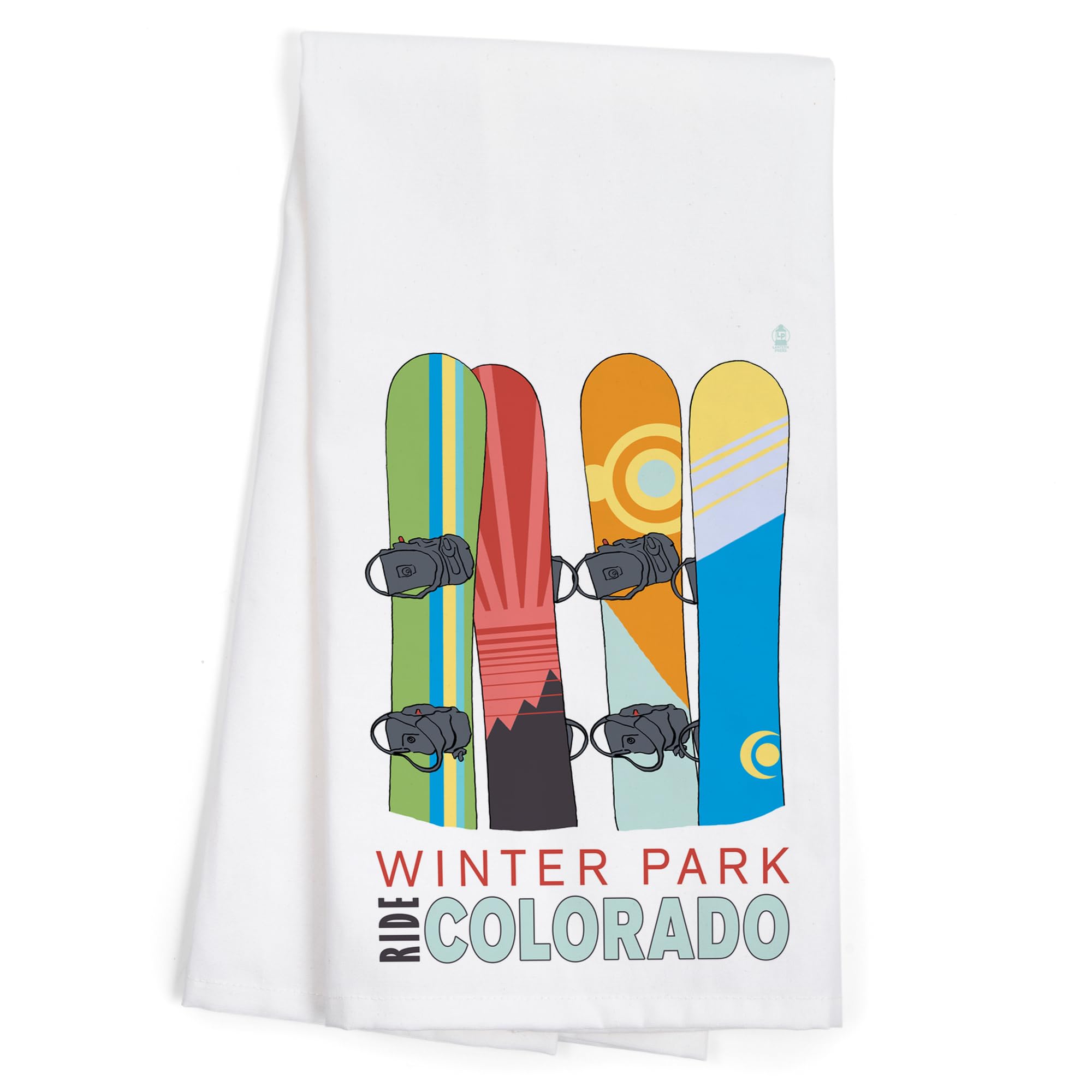 Lantern Press Winter Park Colorado Snowboards in Snow Cotton Tea Towel - 100% Cotton Decorative Hand Towel for Kitchen & Home Decor - Perfect for Holiday Gifts & Cozy Cabin Decor