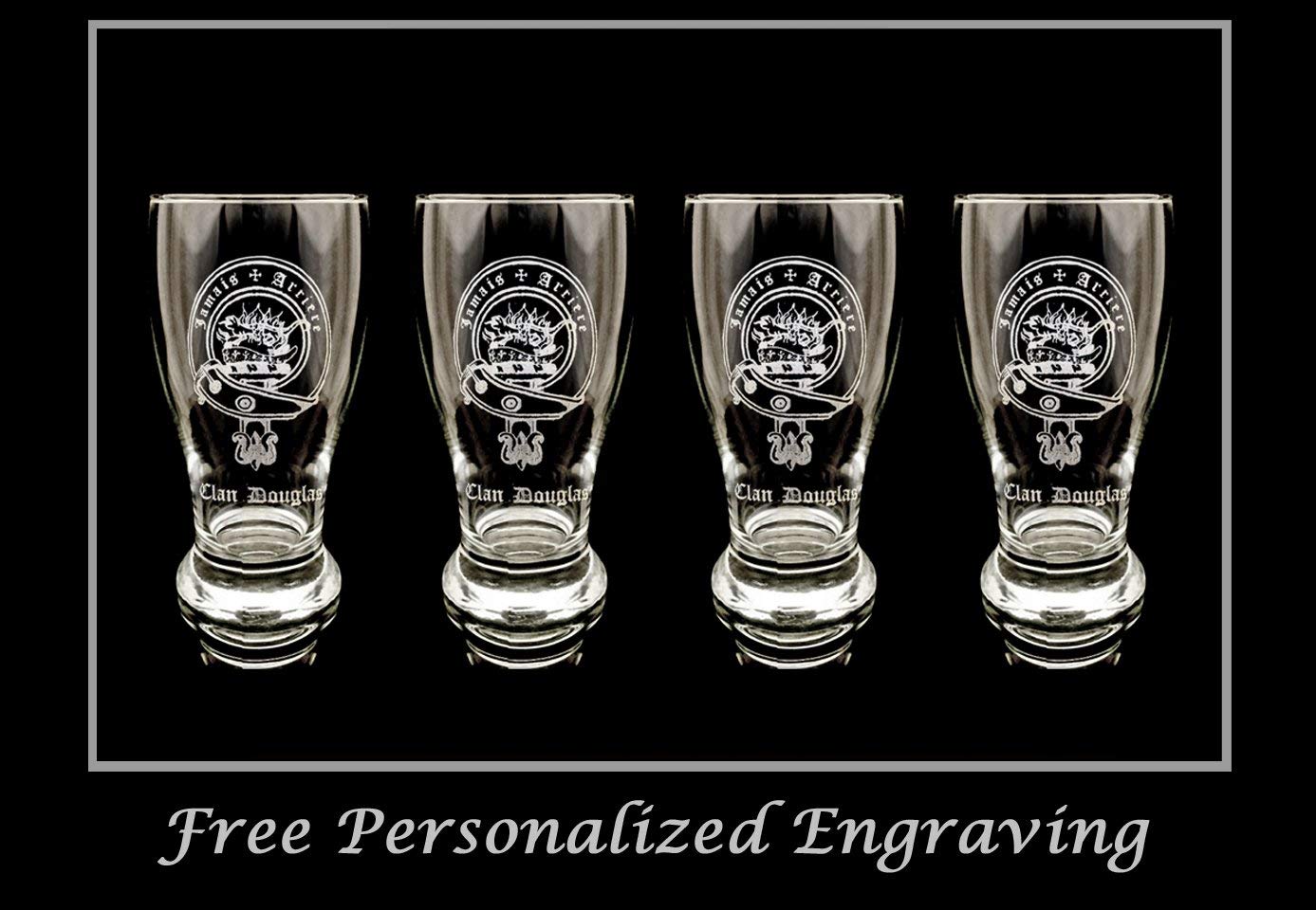 Clan Douglas Scottish Crest Pint Glass Set of 4 - Personalized Engraved Family Crest Pub Beer Glasses for St. Patrick's Day, Scottish Weddings & Home Bar Decor