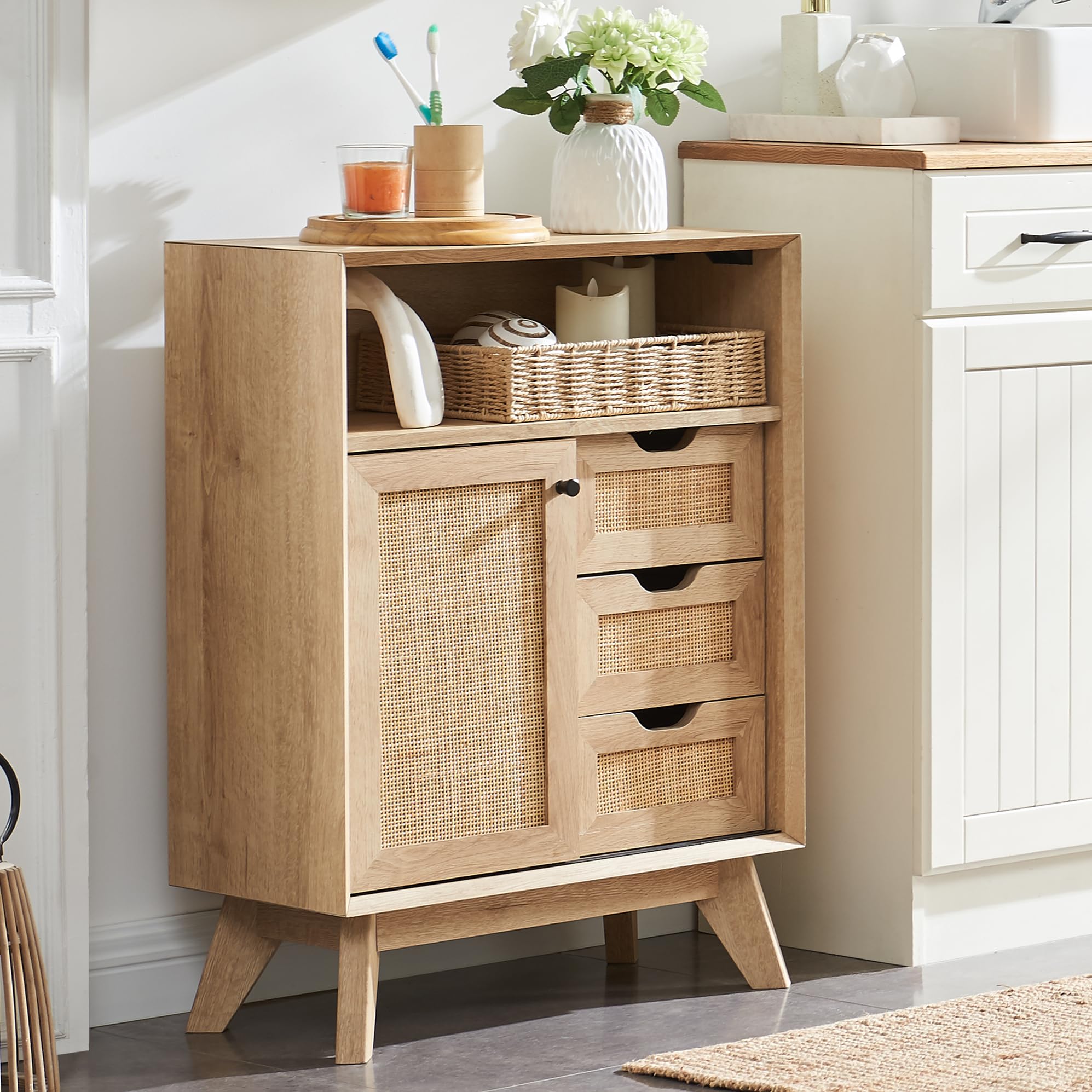 Natural Rattan Bathroom Storage Cabinet with Sliding Door & 3 Drawers - Modern Boho Freestanding Organizer for Bathroom, Kitchen, Dining Room | Perfect for Small Space Organization & Home Decor