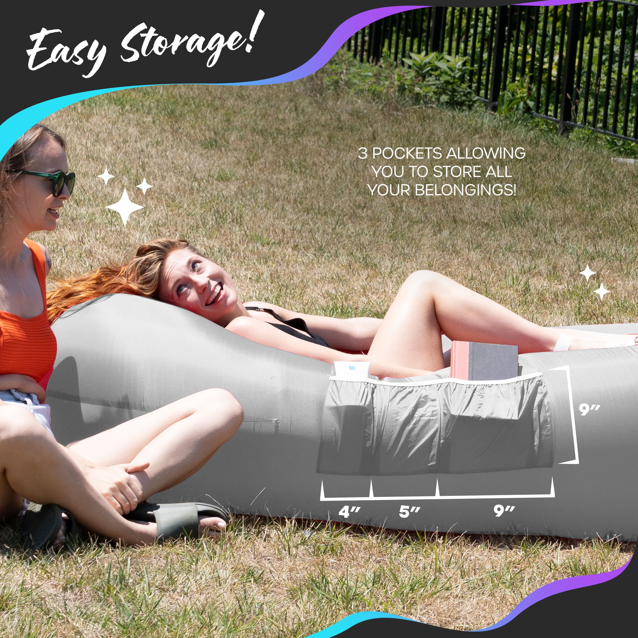 Nevlers 2 Pack Inflatable Loungers - Portable Air Sofa Couch for Beach, Camping, Travel & Outdoor Relaxation | Includes Travel Bag, Pegs & 3 Storage Pockets | Perfect for Picnics, Backyard, Poolside & Festival Seating