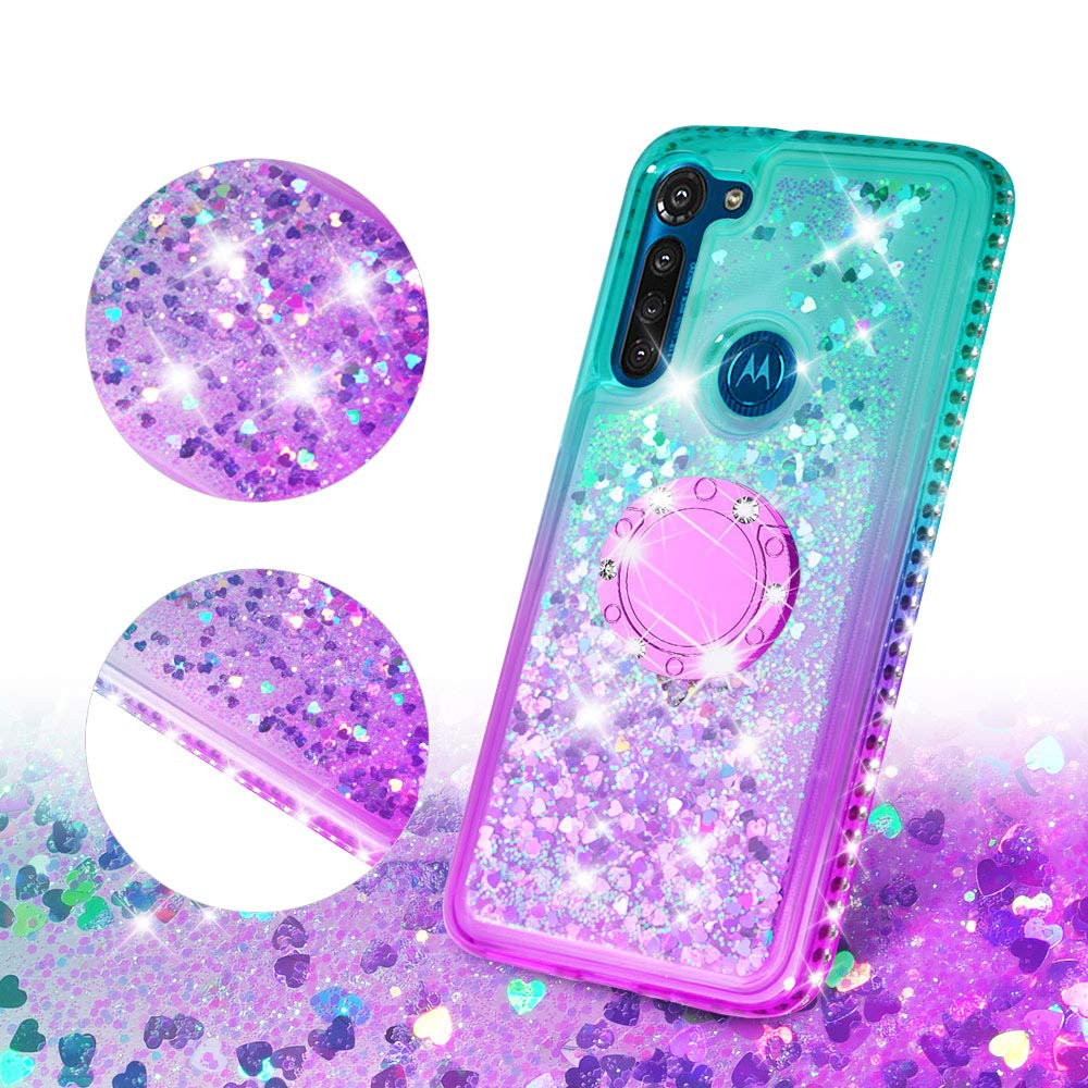 SOGA Rhinestone Liquid Quicksand Phone Case for Moto G8 Power - Sparkly Purple Teal Glitter Cover with Magnetic Ring Holder for Car Mount & Lanyard | Perfect for Girls, Women, Fashion Accessories & Everyday Protection