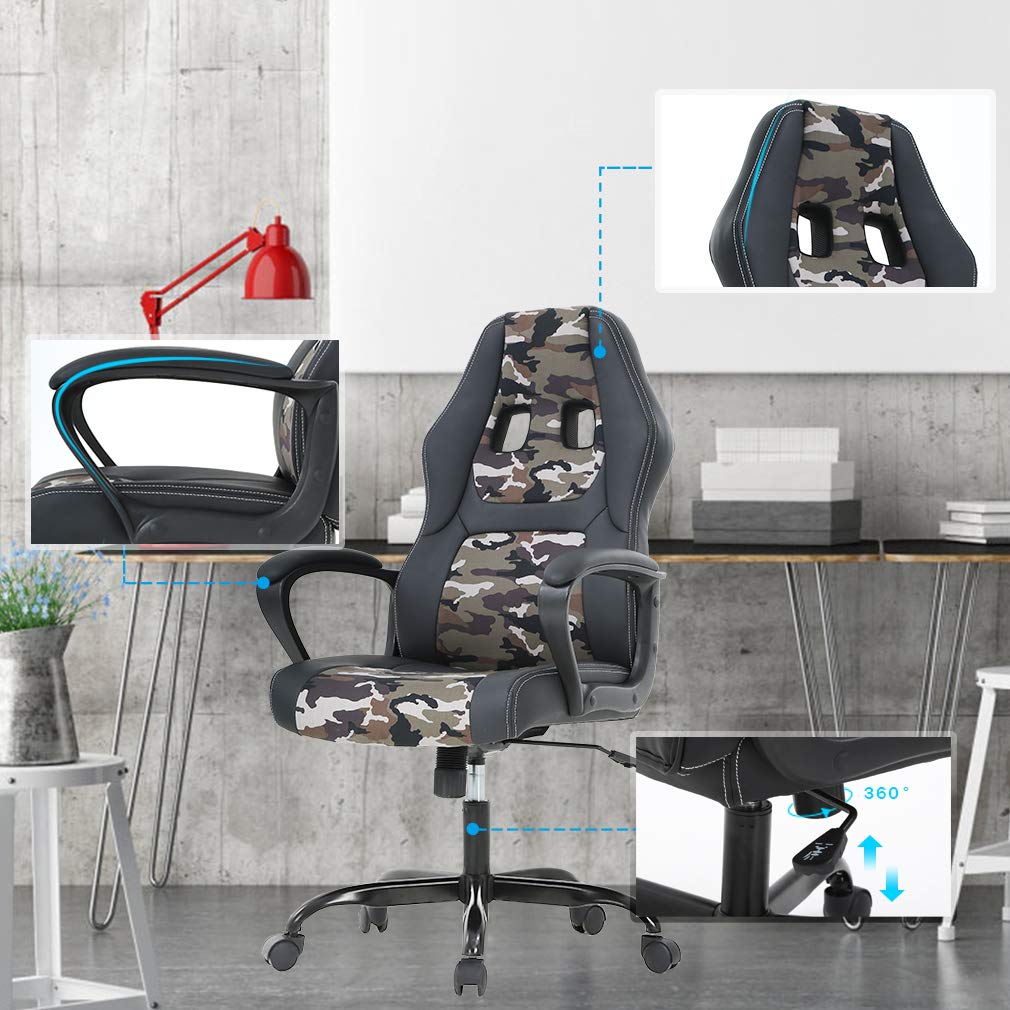 Ergonomic PU Leather Gaming & Office Chair with Lumbar Support - Adjustable Computer Desk Chair for Men & Women - Perfect for Home Office, Gaming Setup & Workstation (Camo Design)