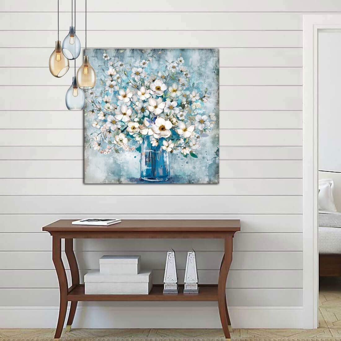 Modern Blue Bottle White Flower Canvas Wall Art - Framed Bathroom Decor, Ready to Hang Gallery Print for Kitchen, Bedroom & Living Room - 30x30 Inches - Perfect for Home, Office & Spa Decor