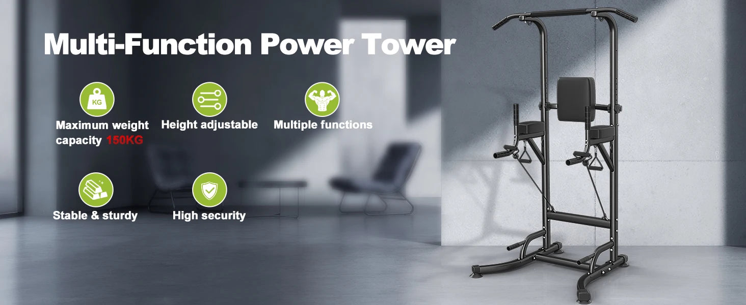 Multi-Function Power Tower Dip Station with Pull Up Bar - Home Gym Strength Training Equipment for Push Ups, Abdominal Exercises & Full Body Workouts - Perfect for Small Spaces, Garage & Home Fitness
