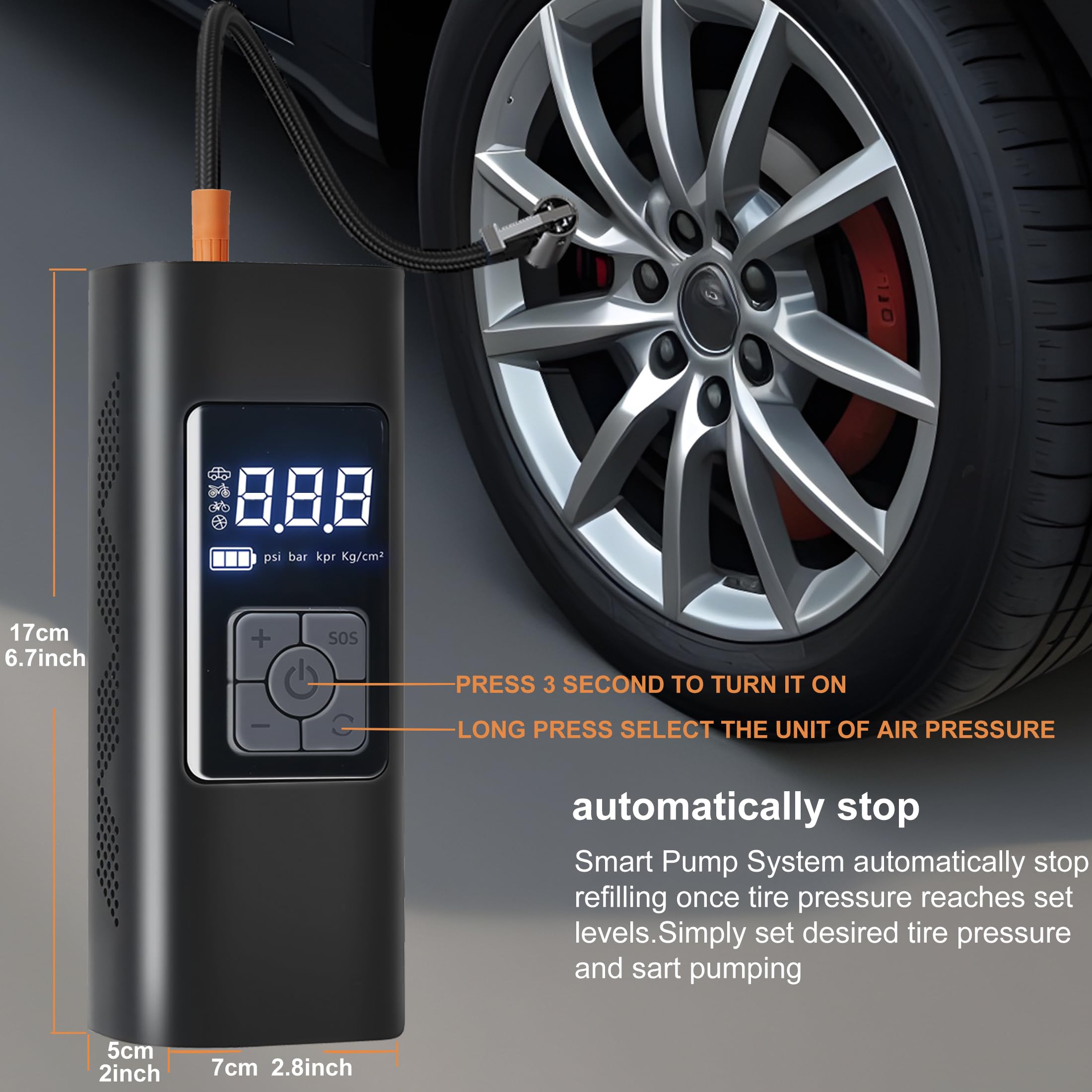 Portable Electric Air Pump for Car Tires - 150 PSI Cordless Rechargeable Tire Inflator with Pressure Gauge, Fast 3X Inflation - Perfect for Emergency Roadside Use, Travel, and Home Garage Maintenance