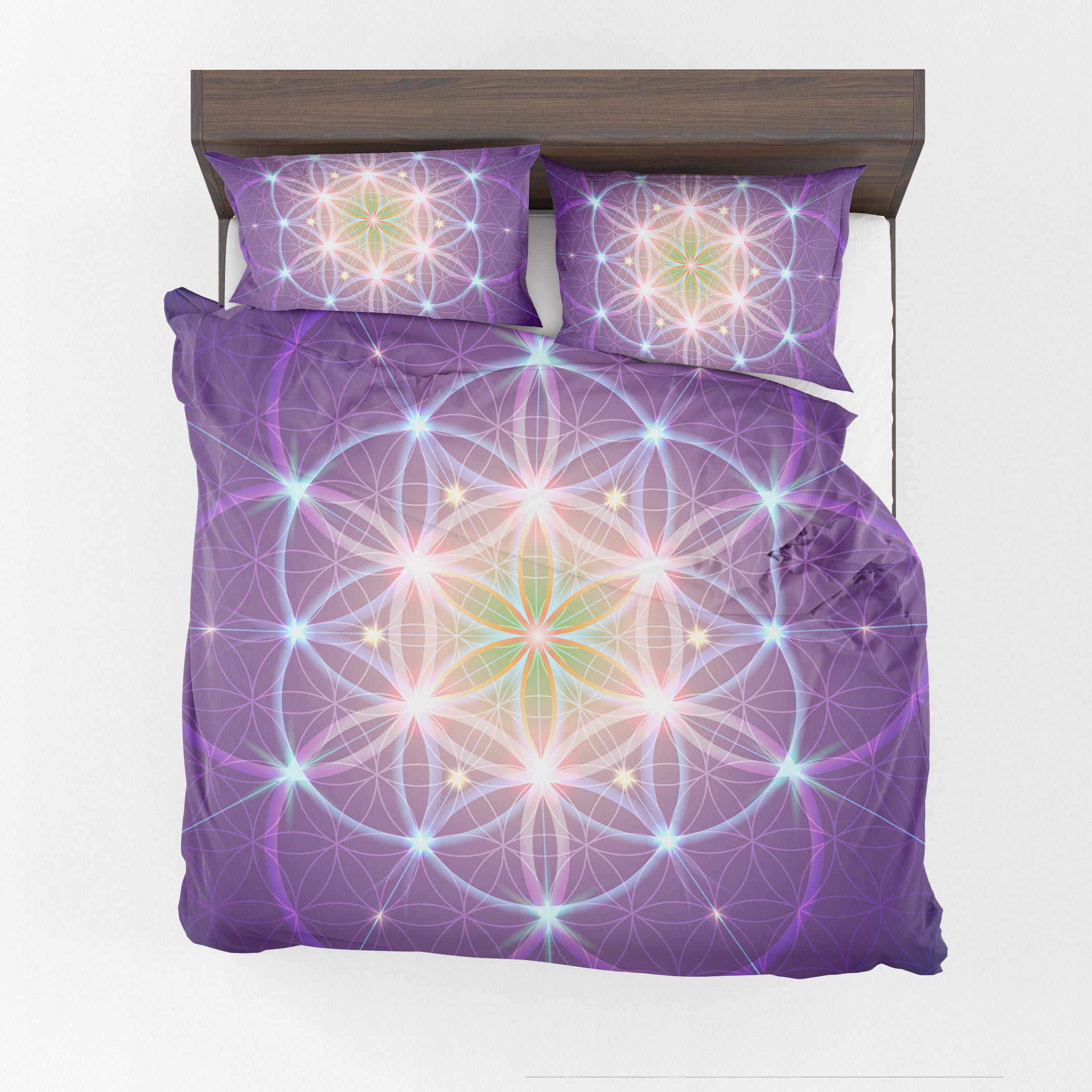 Sacred Geometry Comforter Set - Purple Flower of Life Spiritual Bedding | Queen Size Yoga Meditation Bedspread | Perfect for Holistic Healing, Reiki & Mindfulness Practices